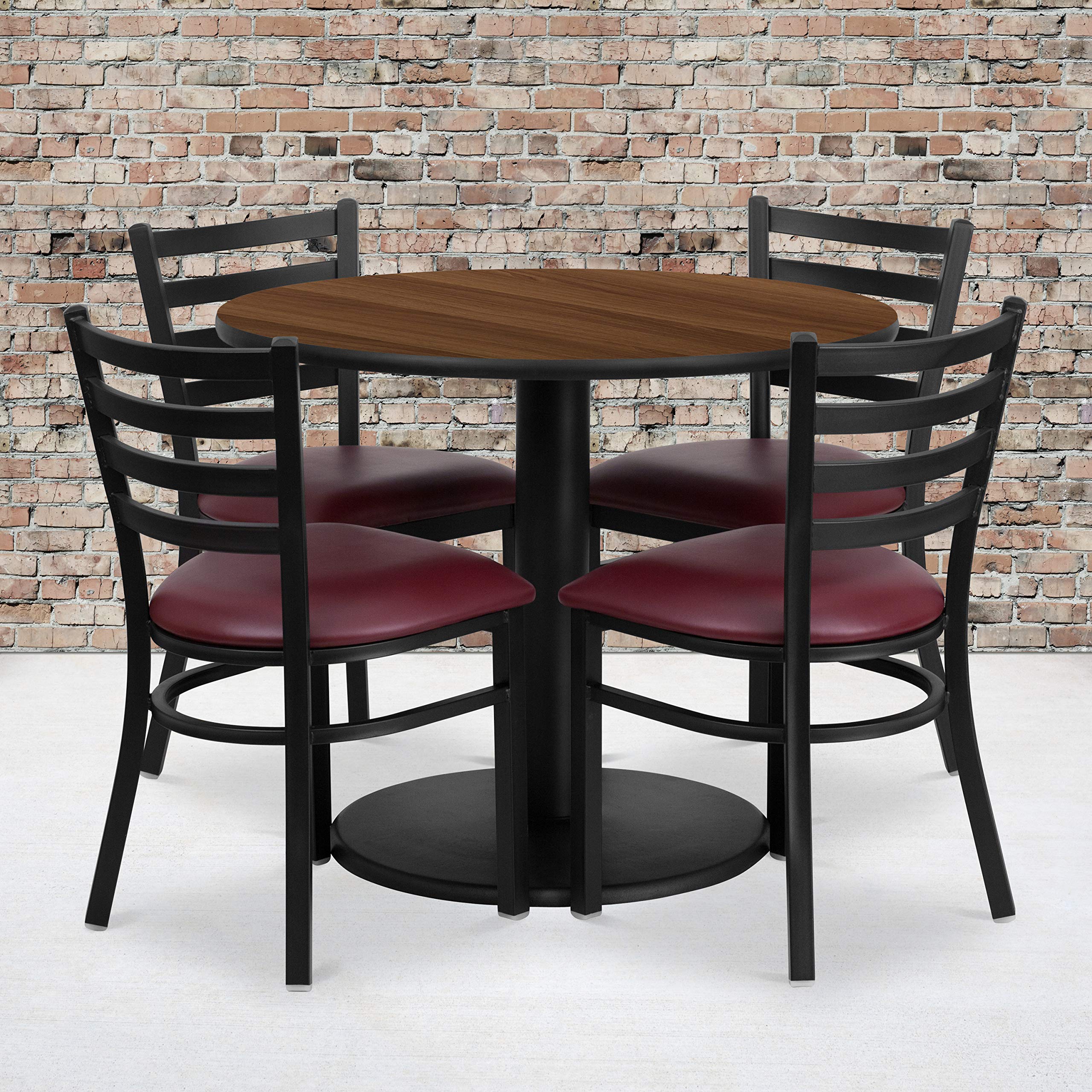 Flash Furniture 36'' Round Walnut Laminate Table Set With Round Base And 4 Ladder Back Metal Chairs - Burgundy Vinyl Seat