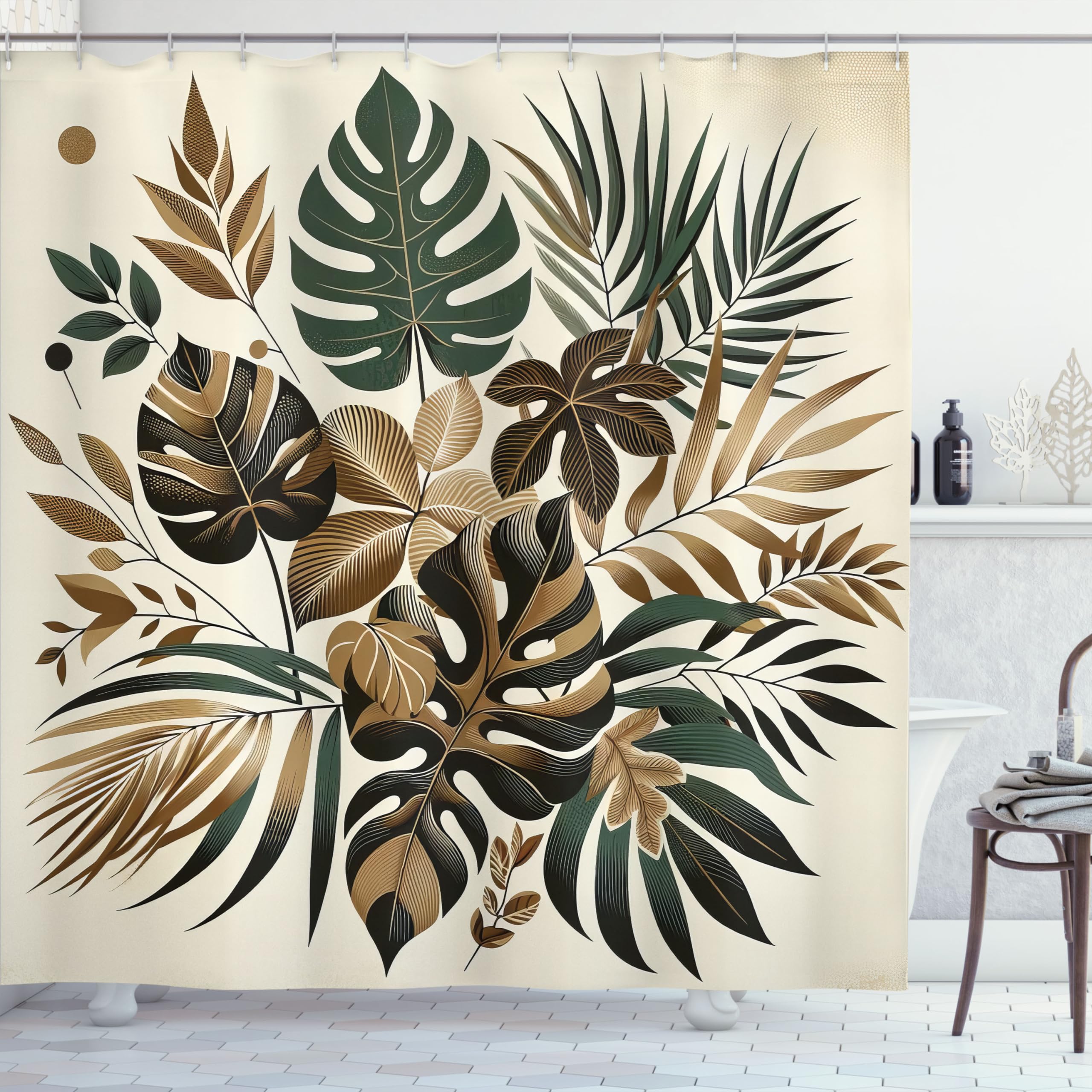 Ambesonne Brown Shower Curtain, Exotic Retro Inspired Monstera Palm Jungle Leaves Vintage Botanical, Cloth Fabric Bathroom Decor