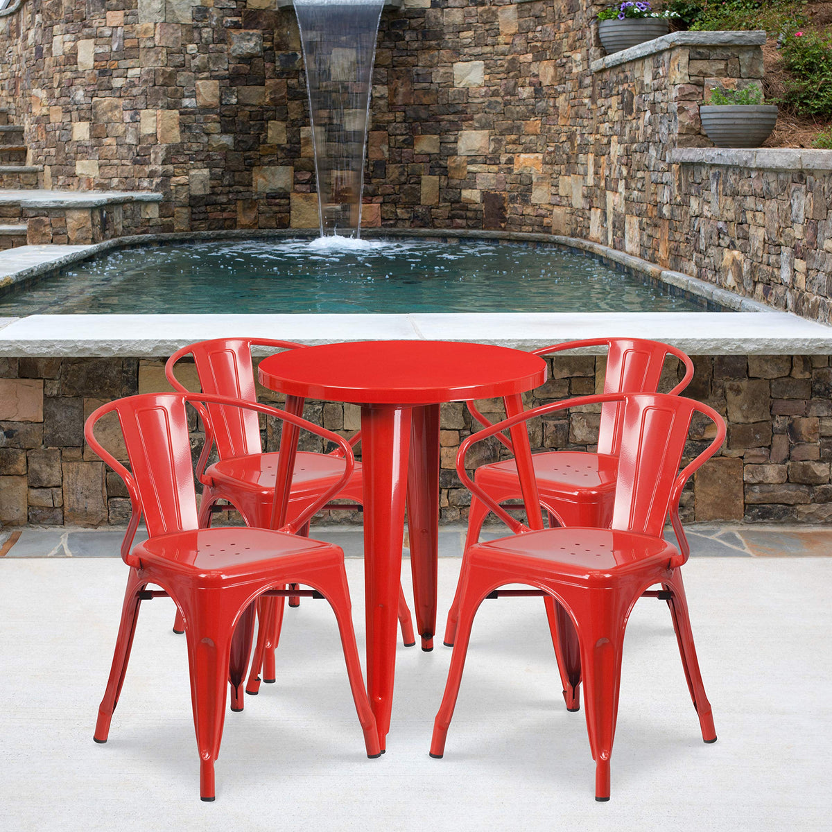 Flash Furniture Commercial Grade 24&quot; Round Red Metal Indoor-Outdoor Table Set with 4 Arm Chairs