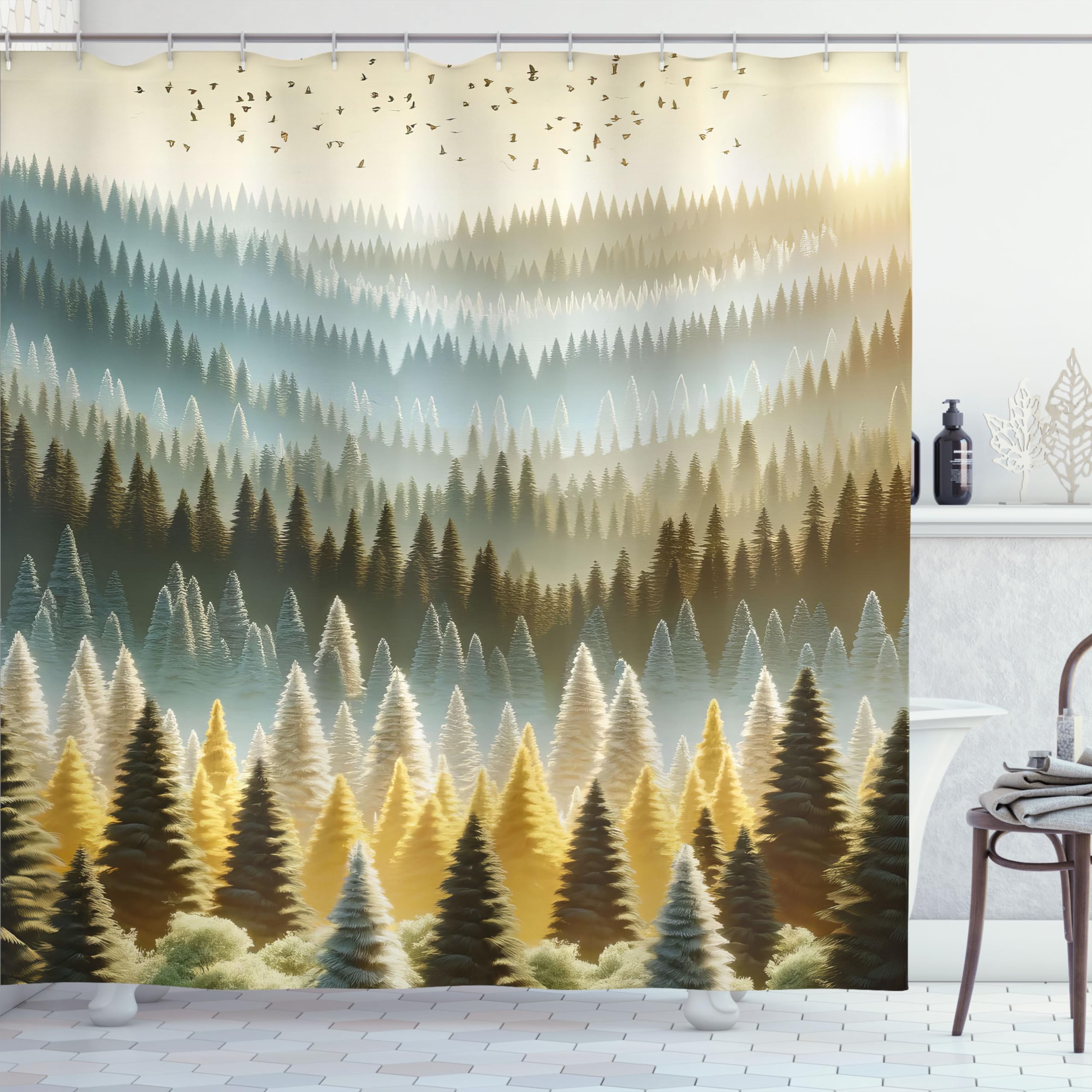 Ambesonne Yellow Shower Curtain, Fantasy Sunrise Scenario Of Forest Trees With Mountains And Birds, Cloth Fabric Bathroom Decor