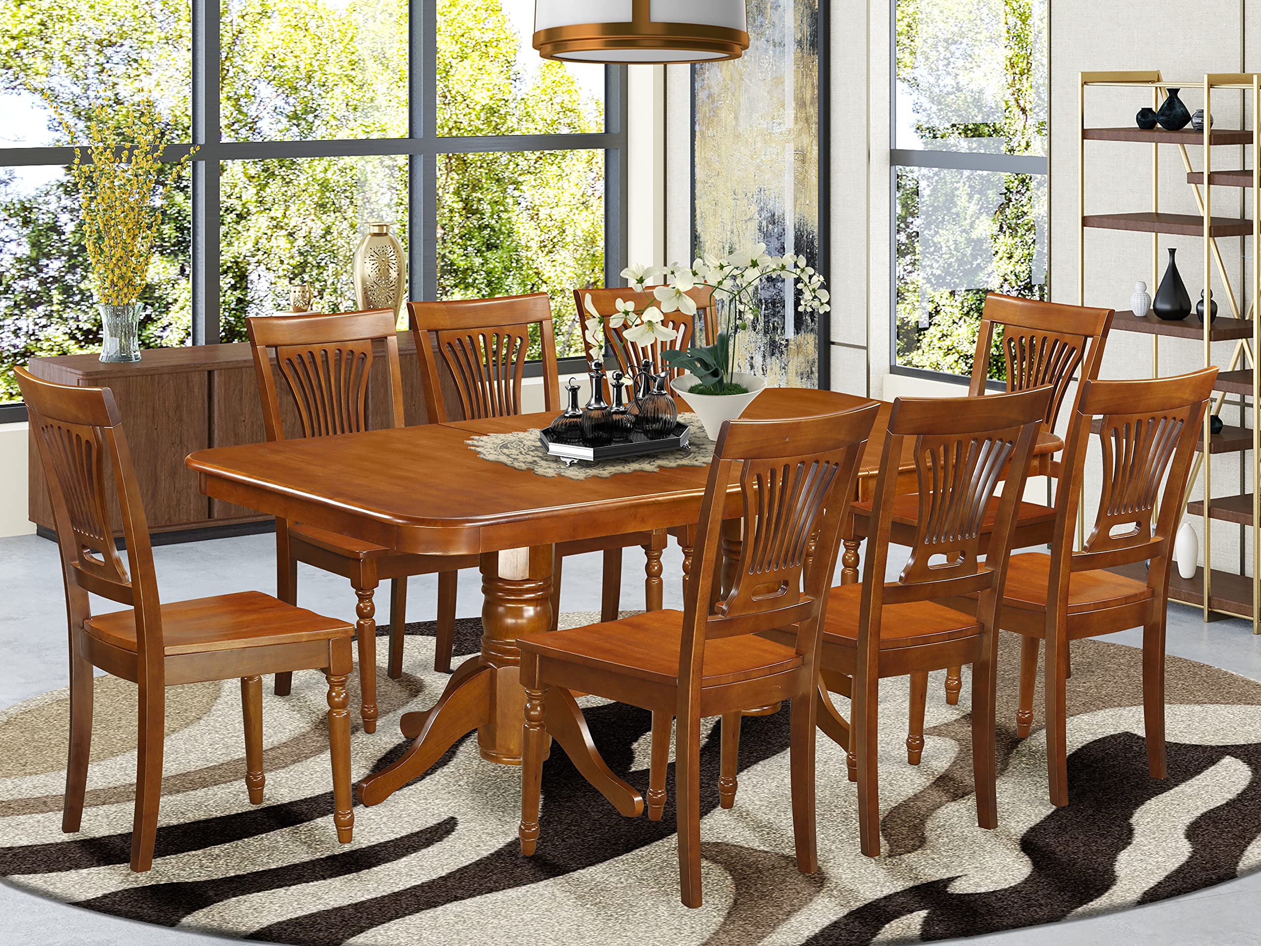 East West Furniture NAPL9-SBR-W 9 Piece Kitchen Table Set Includes a Rectangle Dining Table with Butterfly Leaf and 8 Dining Chairs, 40x78 Inch, Saddle Brown
