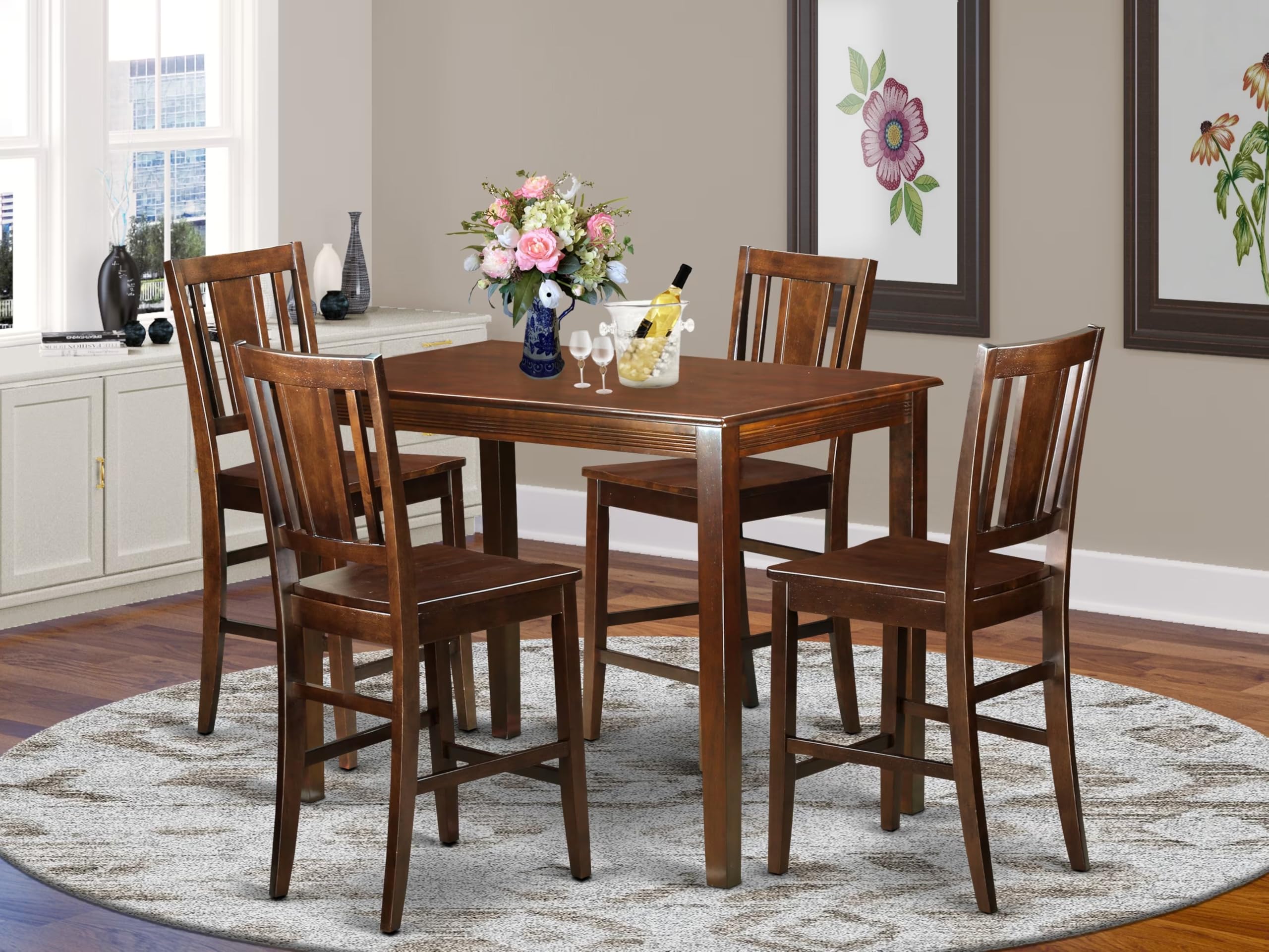 East West Furniture YABU5-MAH-W 5 Piece Kitchen Counter Height Dining Table Set Includes a Rectangle Pub Table and 4 Dining Room Chairs, 30x48 Inch, Mahogany