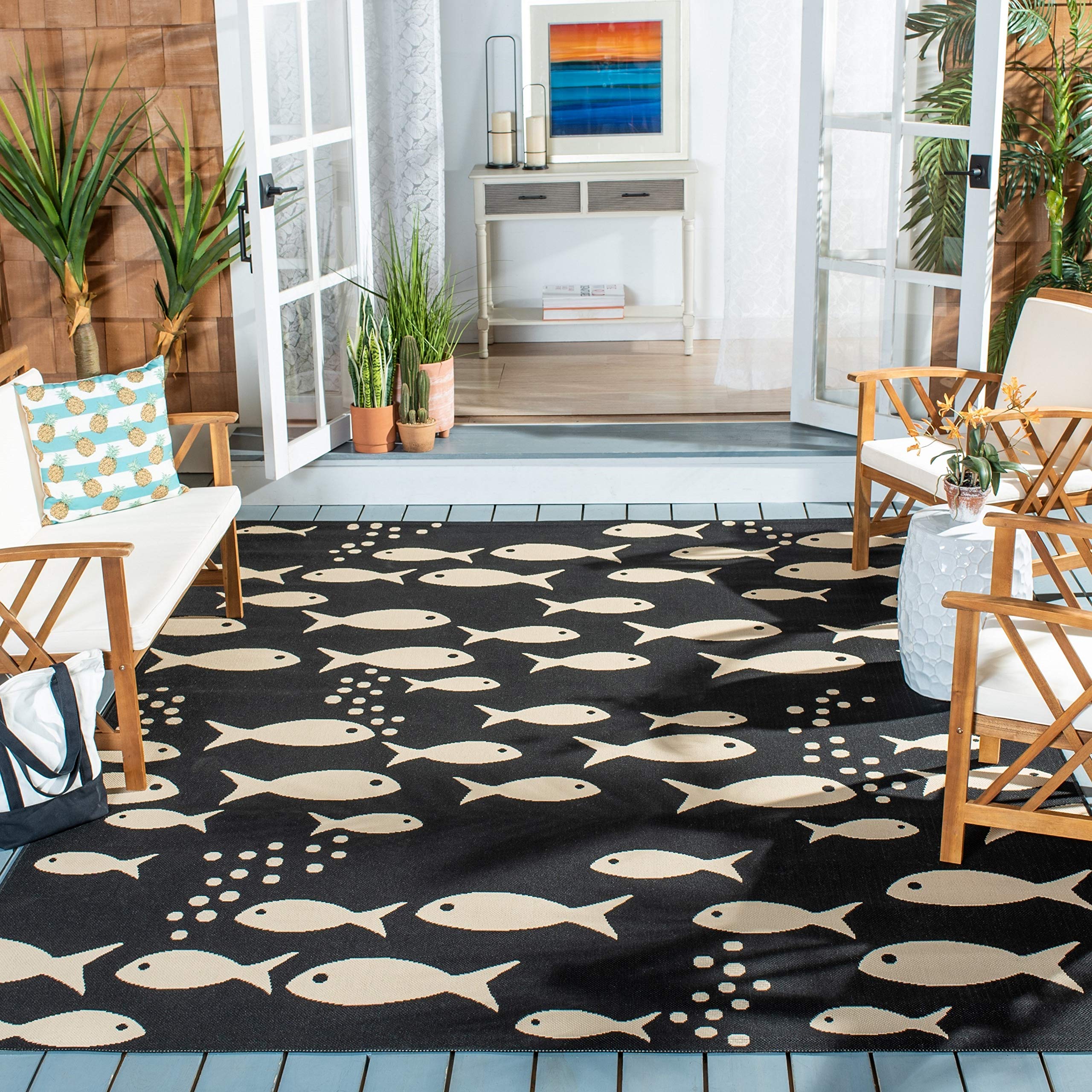 Safavieh Courtyard Collection Area Rug - 9' X 12', Black & Beige, Non-Shedding & Easy Care, Indoor/Outdoor & Washable-Ideal For