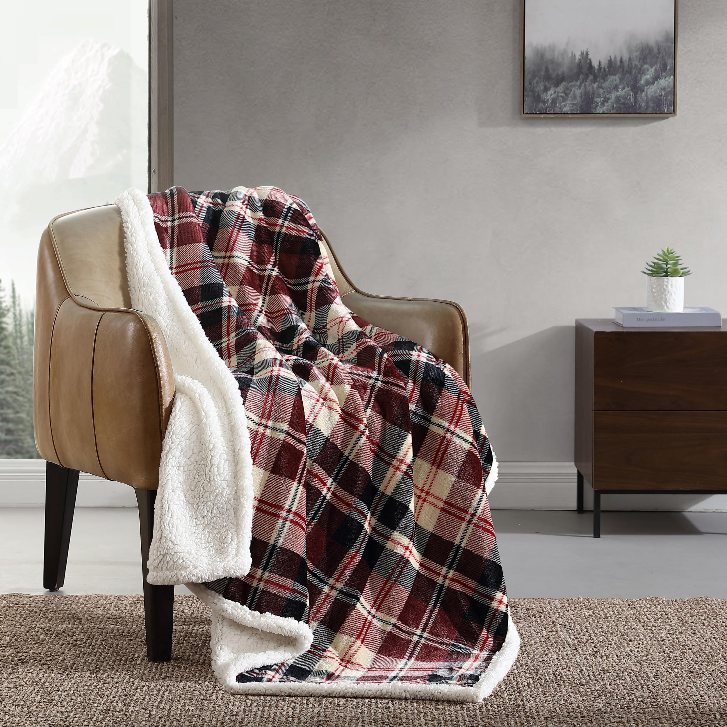 Eddie Bauer- Throw Blanket, Reversible Sherpa Fleece Bedding, Home Decor For All Seasons (Trailhead Plaid Red, Throw)