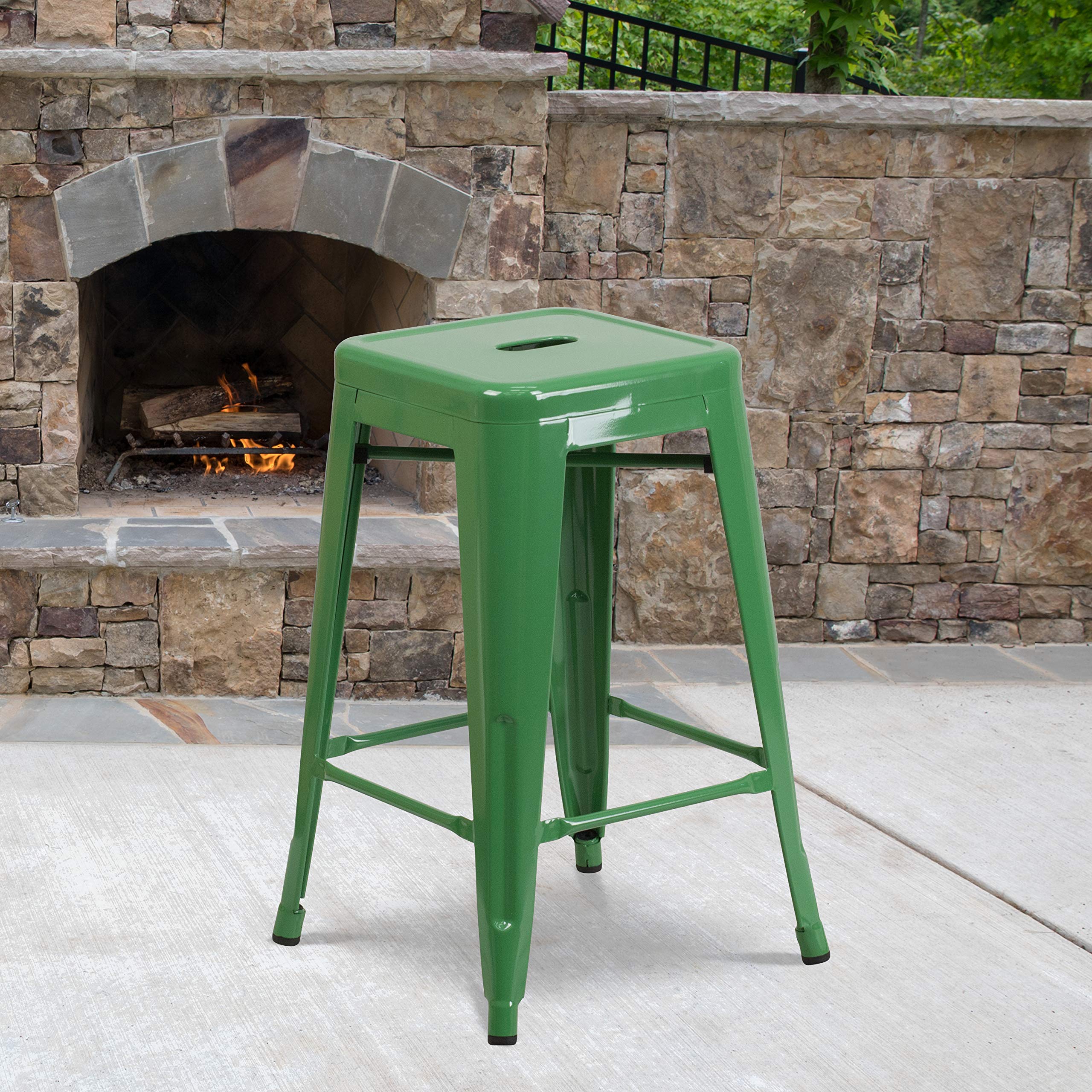 Flash Furniture Kai Commercial Grade 24' High Backless Green Metal Indoor-Outdoor Counter Height Stool With Square Seat