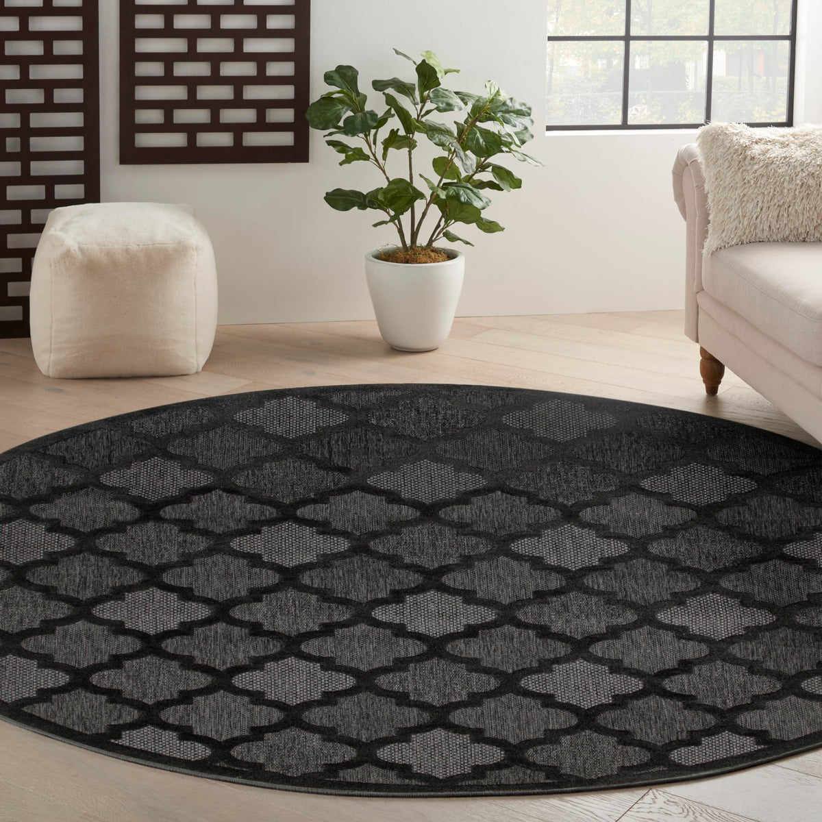 Nourison Easy Care Indoor/Outdoor Charcoal Black 8' X Round Area Rug, Easy Cleaning, Non Shedding, Bed Room, Living Room, Dining Room, Backyard, Deck, Patio (8 Round)