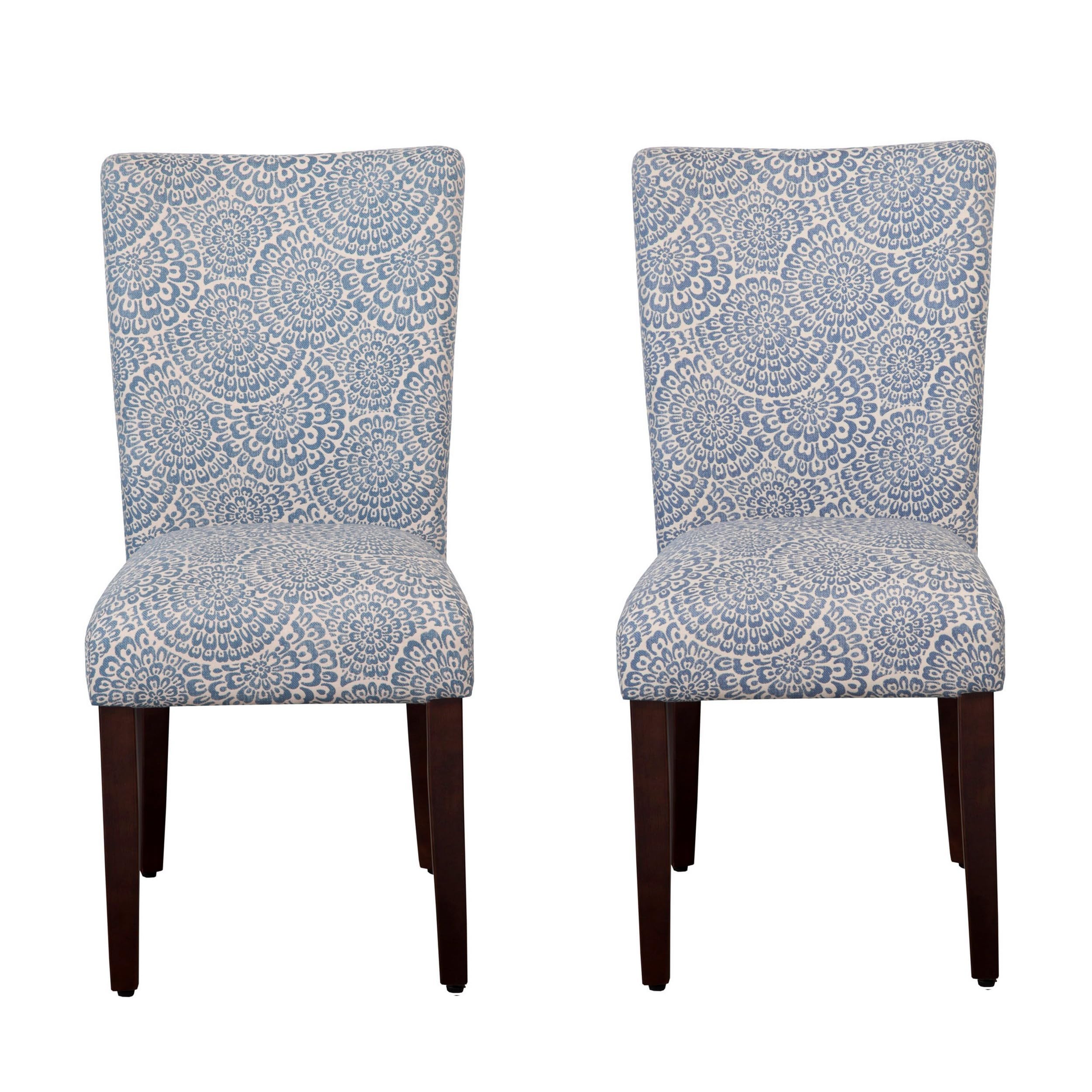 Benjara Wooden Parson Dining Chairs with Floral Patterned Fabric Upholstery, Set of Two, Blue and White