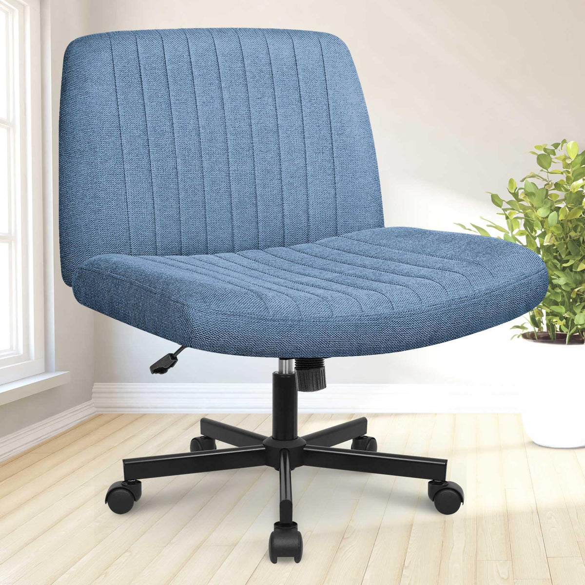 Neo Chair Criss Cross Chair With Wheels Fabric Comfy Cross Legged Computer Desk Chair Armless Swivel Height Adjustable Task Wide Seat For Home Office Bedroom Vanity (Blue)