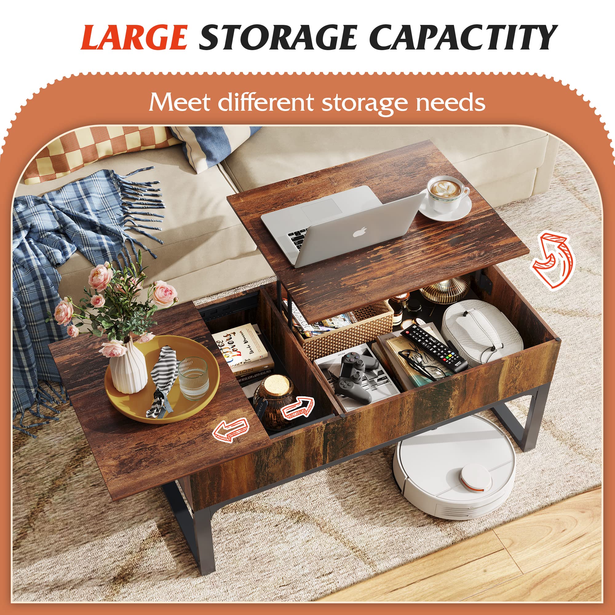 Wlive Lift Top Coffee Table With Storage, 40.9' Coffee Table With Lifting Top & Sliding Top, Wood Modern Center Table With 2 Hidden Compartment For Living Room, Retro Brown