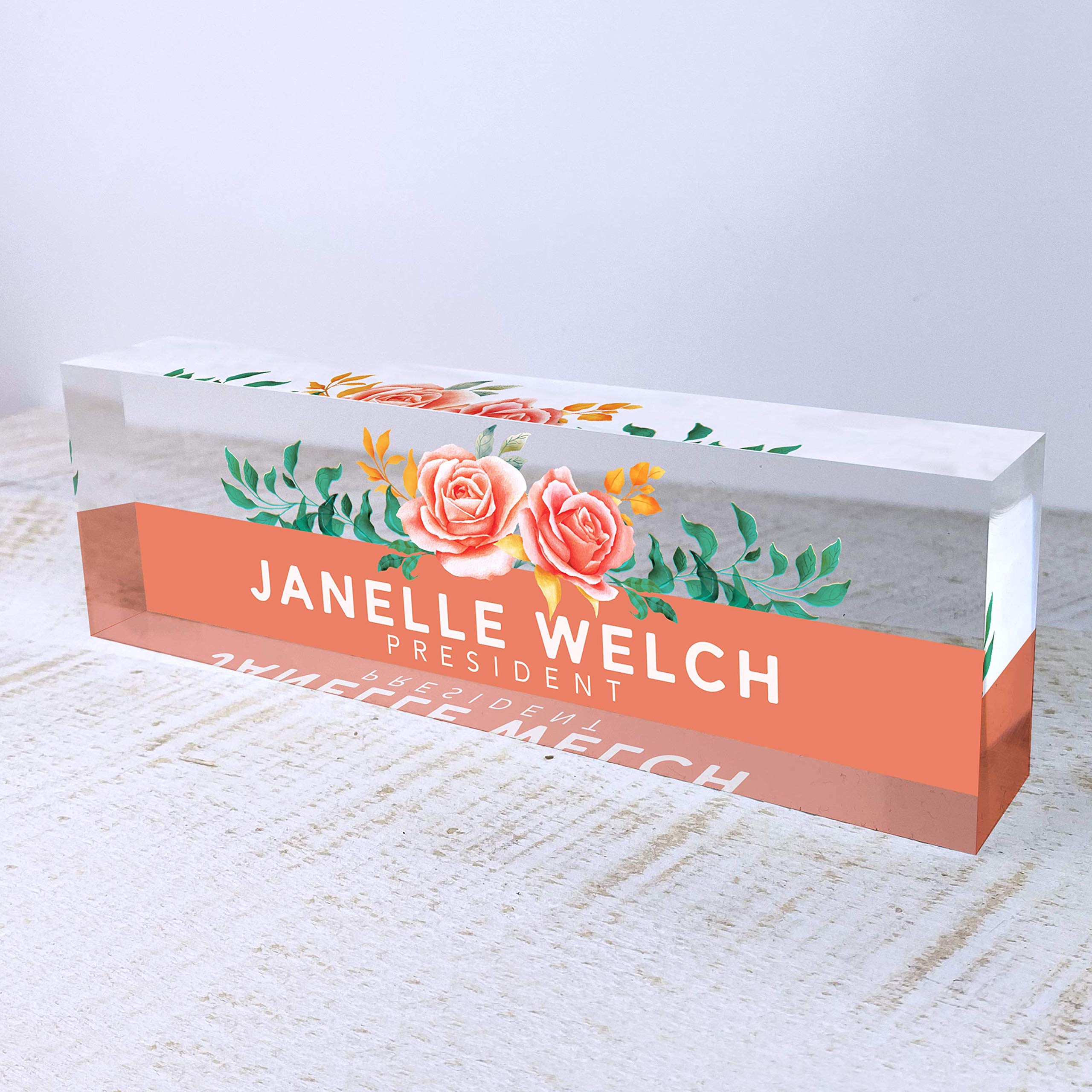Artblox Office Desk Name Plate Personalized | Custom Name Plates For Desks | Orange Roses Design On Clear Acrylic Glass | Cute O