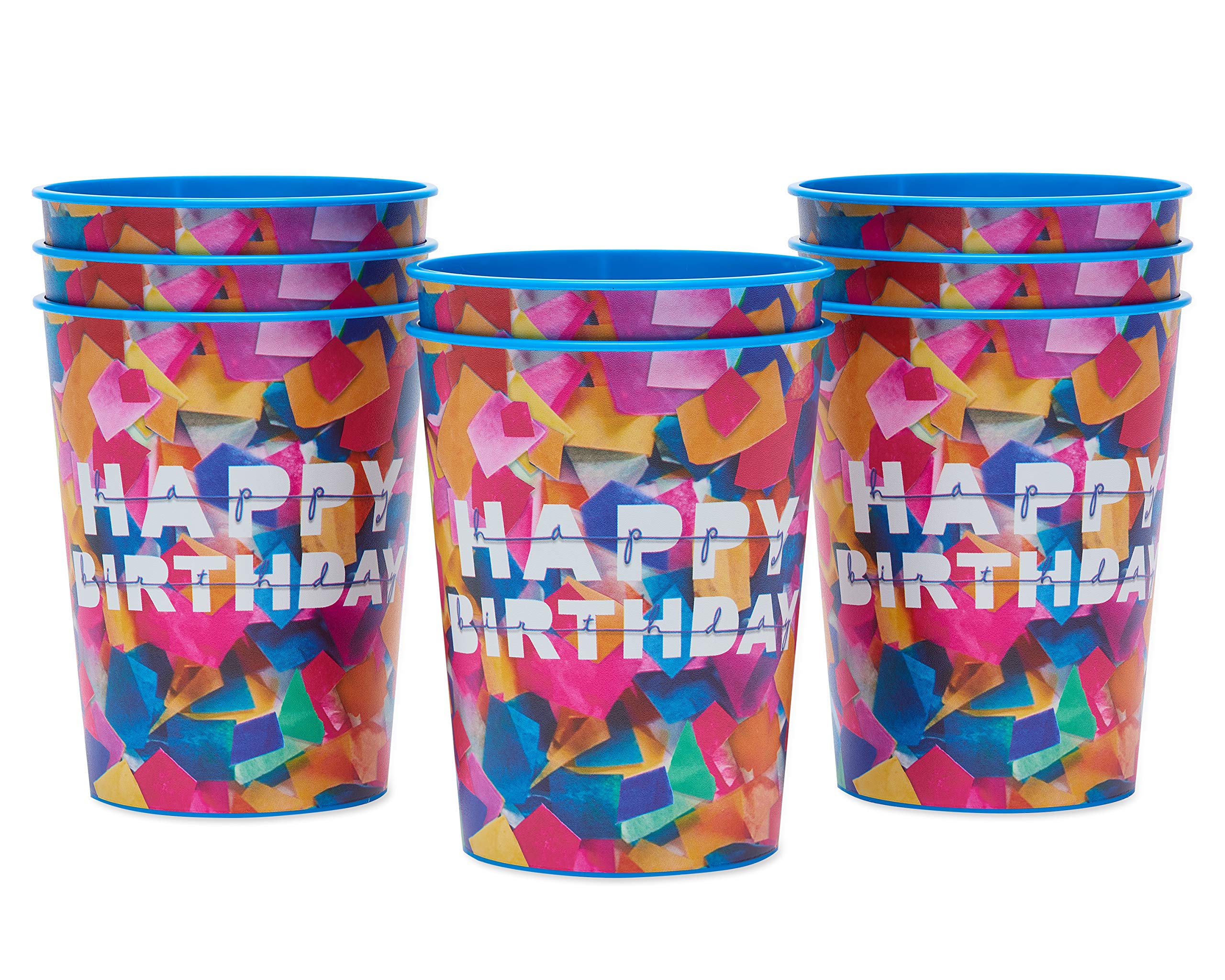 American Greetings Confetti Birthday Party Supplies, 16 Oz. Reusable Plastic Cups (8-Count)