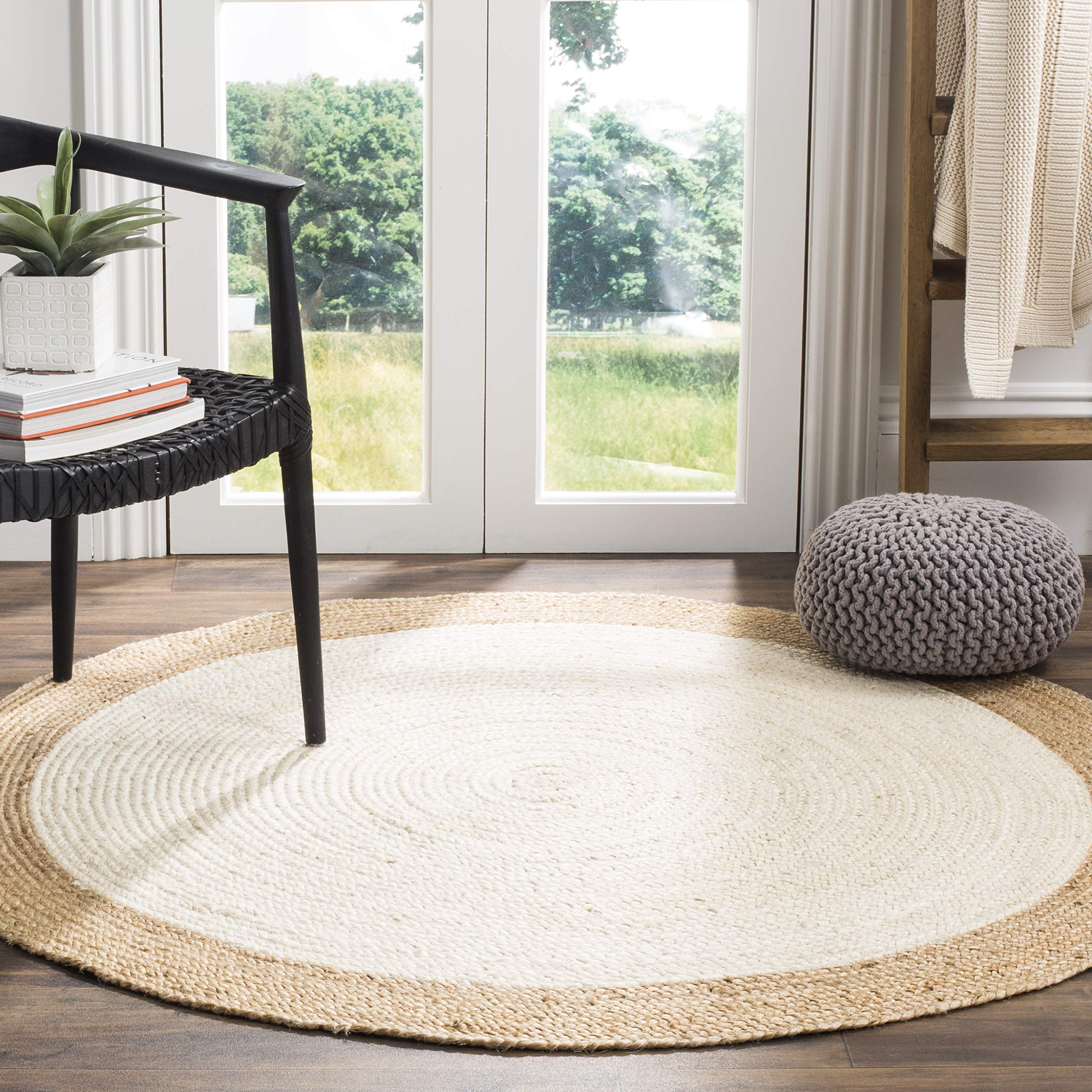 SAFAVIEH Natural Fiber Collection Area Rug - 4 Round, Ivory & Natural, Handmade Boho Braided Jute, Ideal for High Traffic Areas
