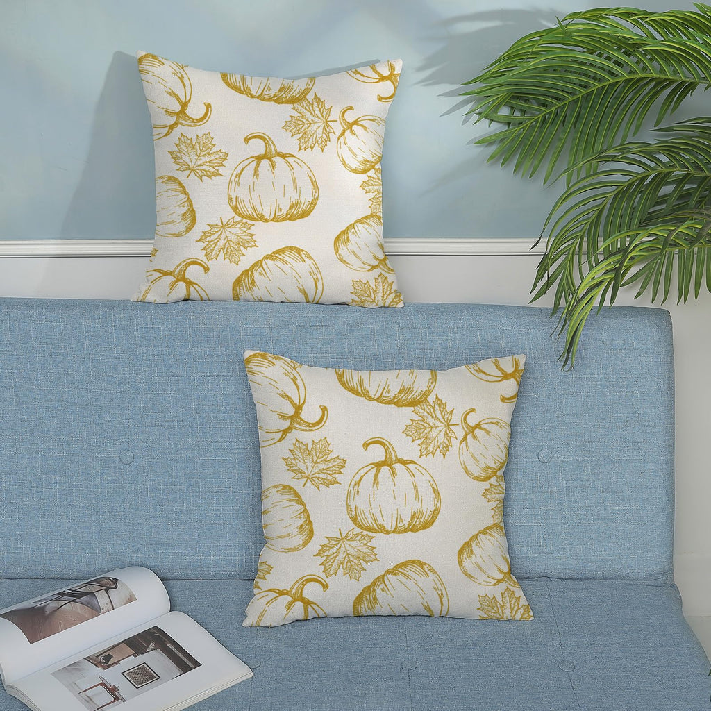 Autumn Pillow Covers 18X18 Set Of 2 Fall Yellow Pumpkin Maple Leaves Throw Pillow Covers Thanksgiving Decoration Pillowcase For