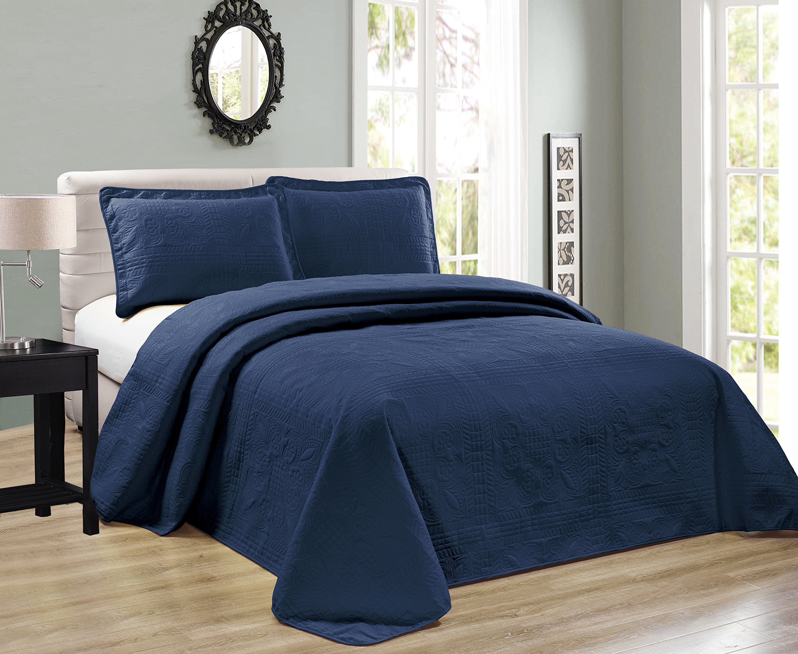Elegant Home Beautiful Over Sized Dark Blue Navy Solid Color Embossed Floral Striped 3 Piece Queen/Full Size Coverlet Bedspread