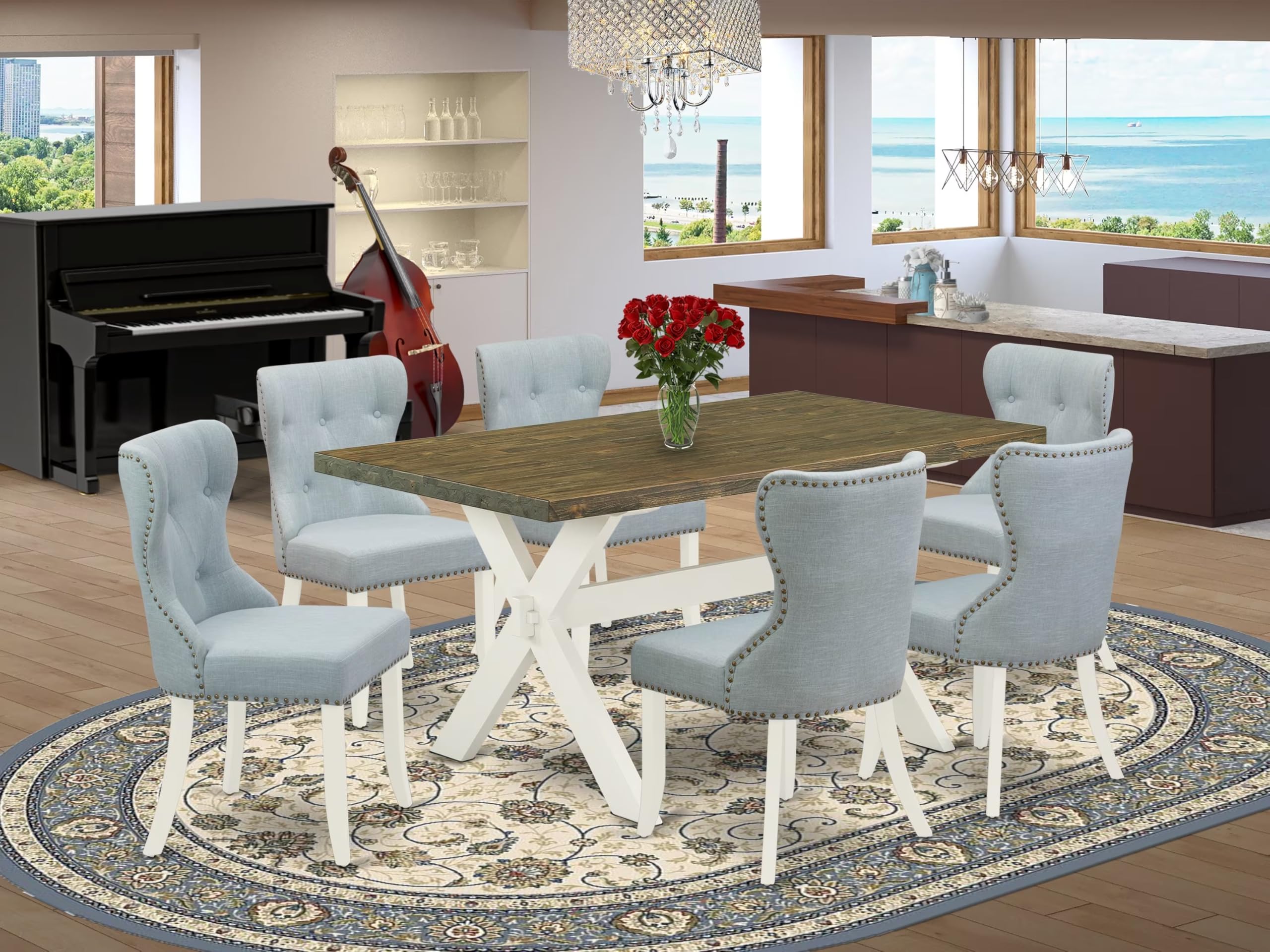 East West Furniture X076Si215-7 7 Piece Dining Set Consist Of A Rectangle Dining Room Table With X-Legs And 6 Baby Blue Linen Fabric Upholstered Chairs, 36X60 Inch, Multi-Color