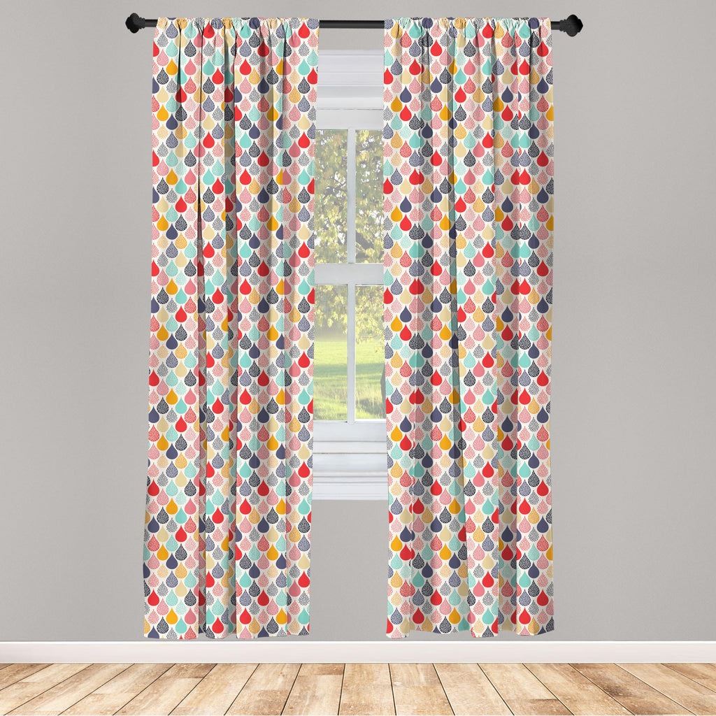 Ambesonne Geometric Window Curtains Pack Of 2, Raindrops Doodle Style Creative Leaf Shaped Colorful Girls Theme, Lightweight Set
