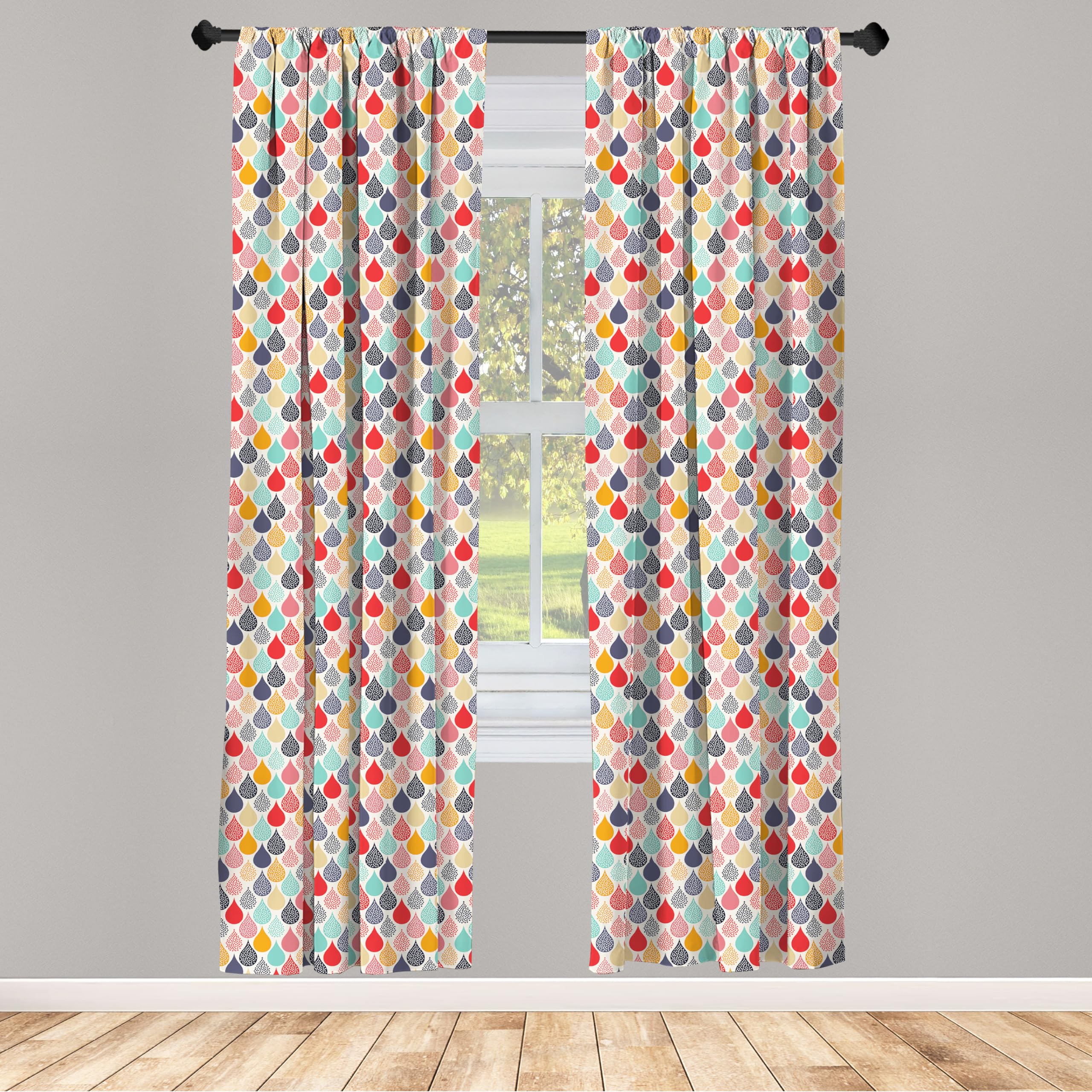Ambesonne Geometric Window Curtains Pack Of 2, Raindrops Doodle Style Creative Leaf Shaped Colorful Girls Theme, Lightweight Set