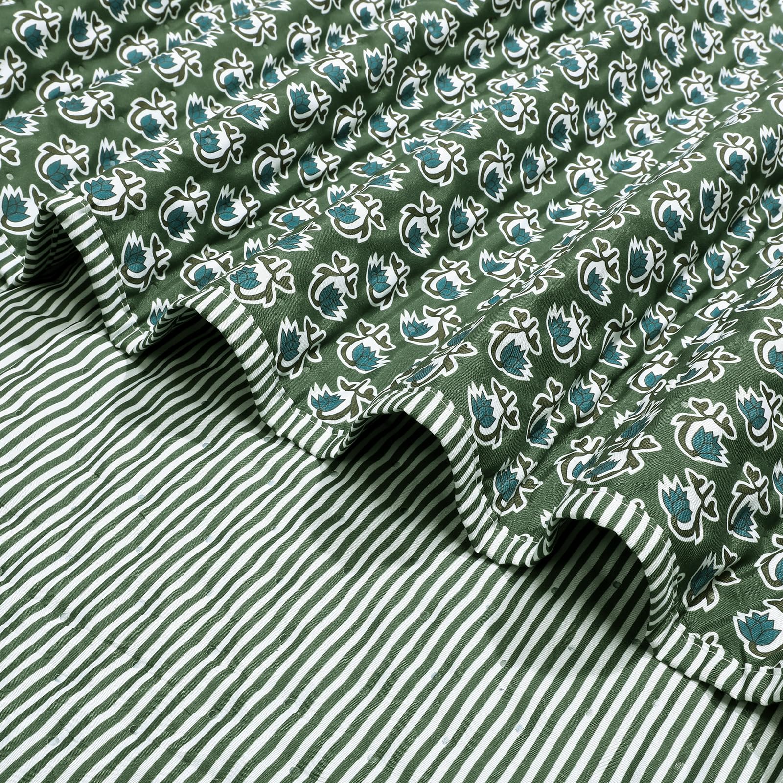 Hillsuren Block Print Quilted Basil Green Throw Reversible Blanket 60 x 90 Inches Cotton Quilt Cotton Bed Cover for Couch and Be