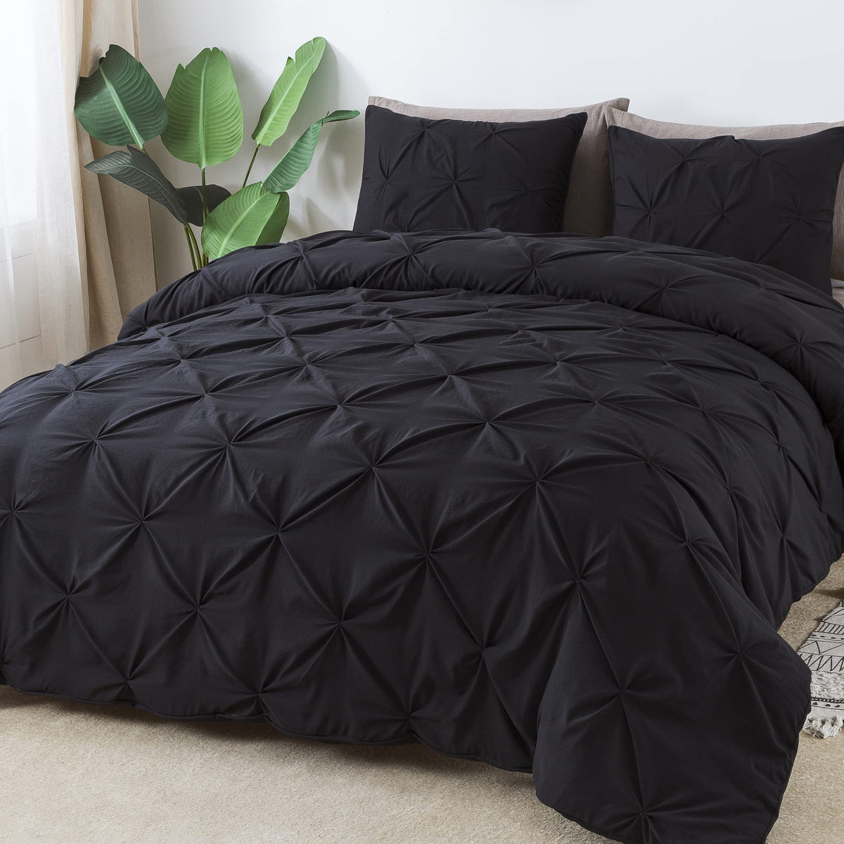 Litanika Black Queen Pinch Pleat Duvet Cover, 3 Pieces Pintuck Cover Soft Microfiber Bedding Set With Zipper Closure & Corner Ti