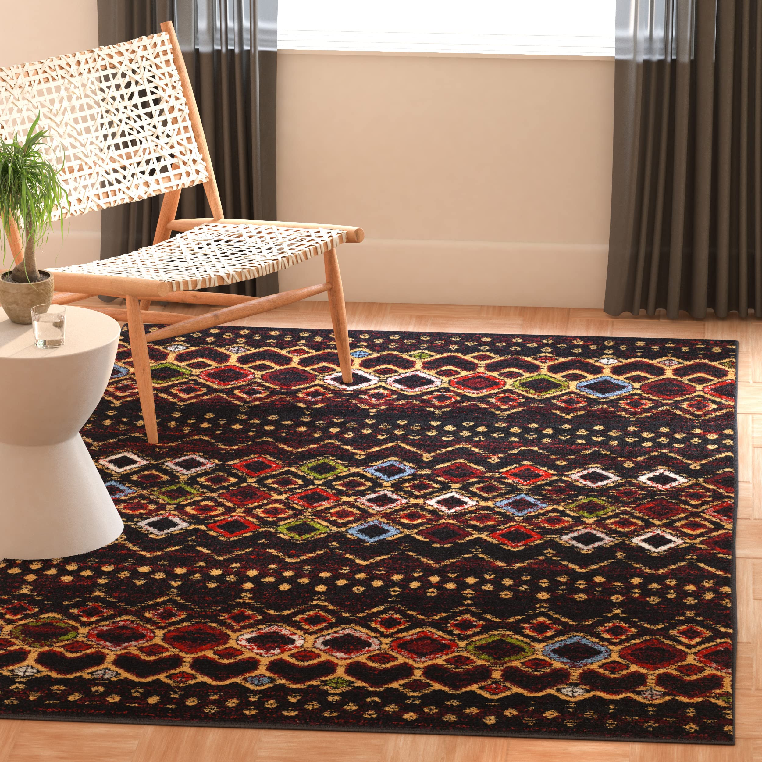 SAFAVIEH Amsterdam Collection Area Rug - 3 Square, Black & Multi, Moroccan Boho Design, Non-Shedding & Easy Care, Ideal for Hig