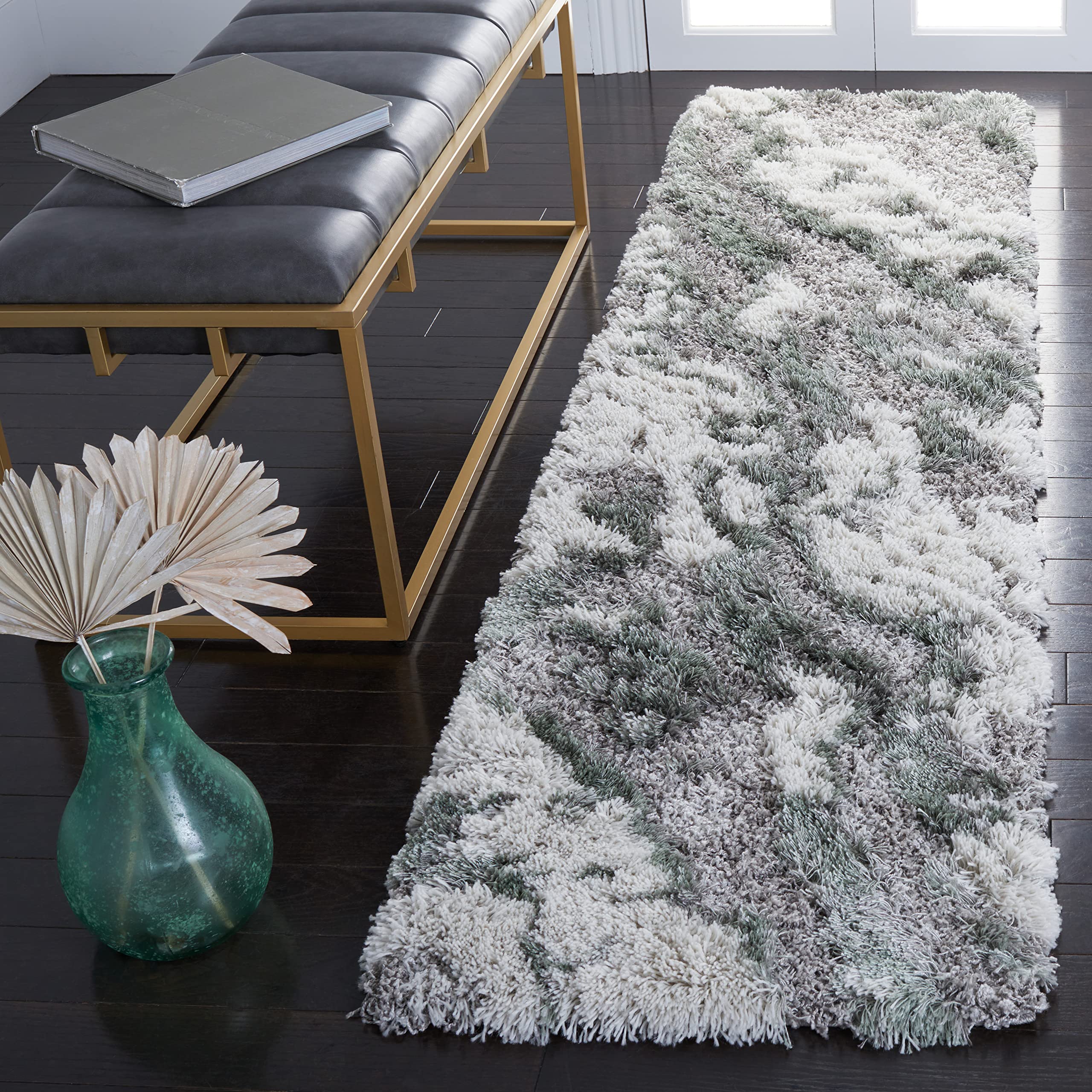 SAFAVIEH Horizon Shag Collection Runner Rug - 2 x 17, Grey & Green, Modern Abstract Design, Non-Shedding & Easy Care, 2.6-inch