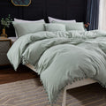 Andency Pom Pom Fringe Duvet Cover Full Size (79X90 Inch), 3 Pieces (1 Solid Sage Green Duvet Cover, 2 Pillowcases) Soft Washed