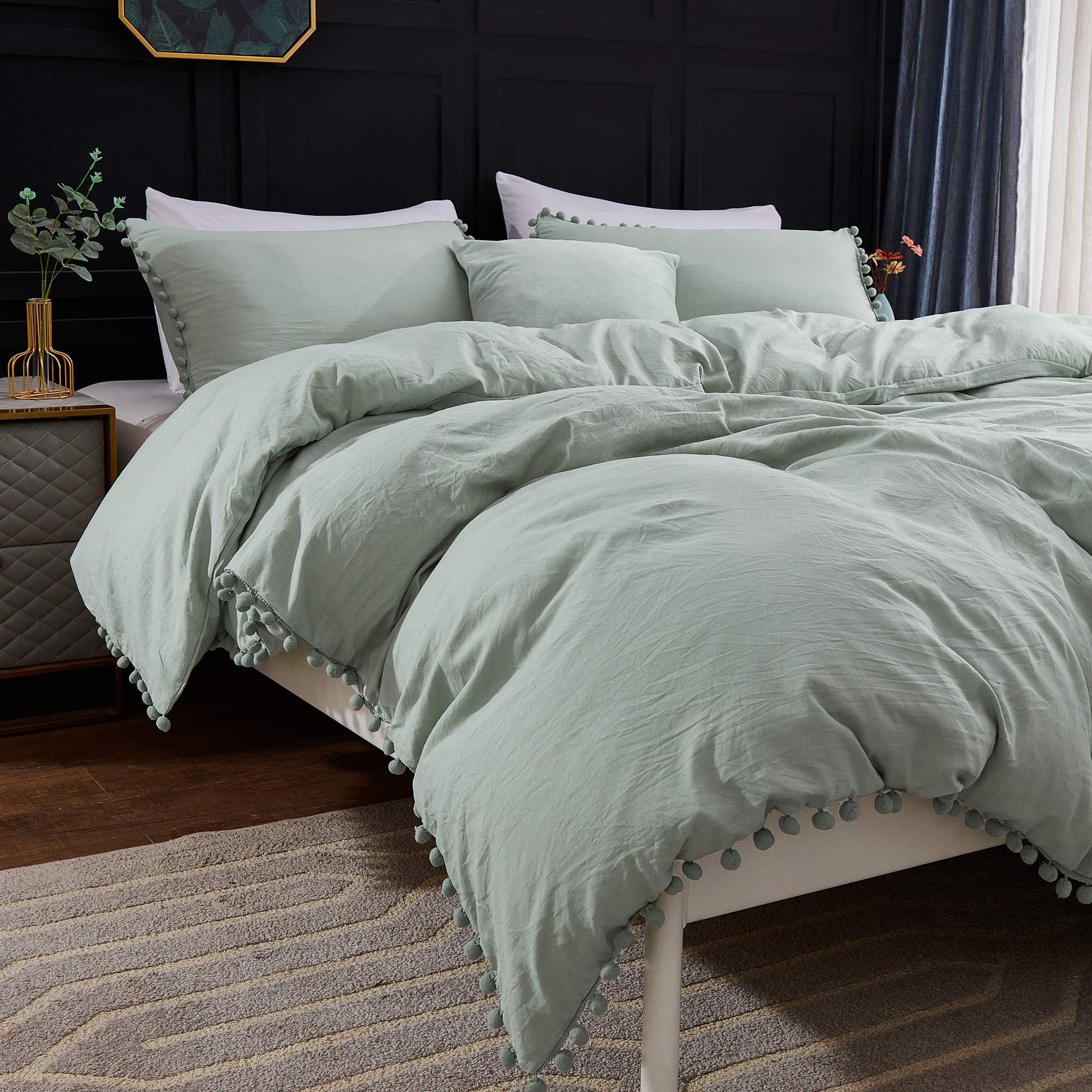 Andency Pom Pom Fringe Duvet Cover Full Size (79X90 Inch), 3 Pieces (1 Solid Sage Green Duvet Cover, 2 Pillowcases) Soft Washed