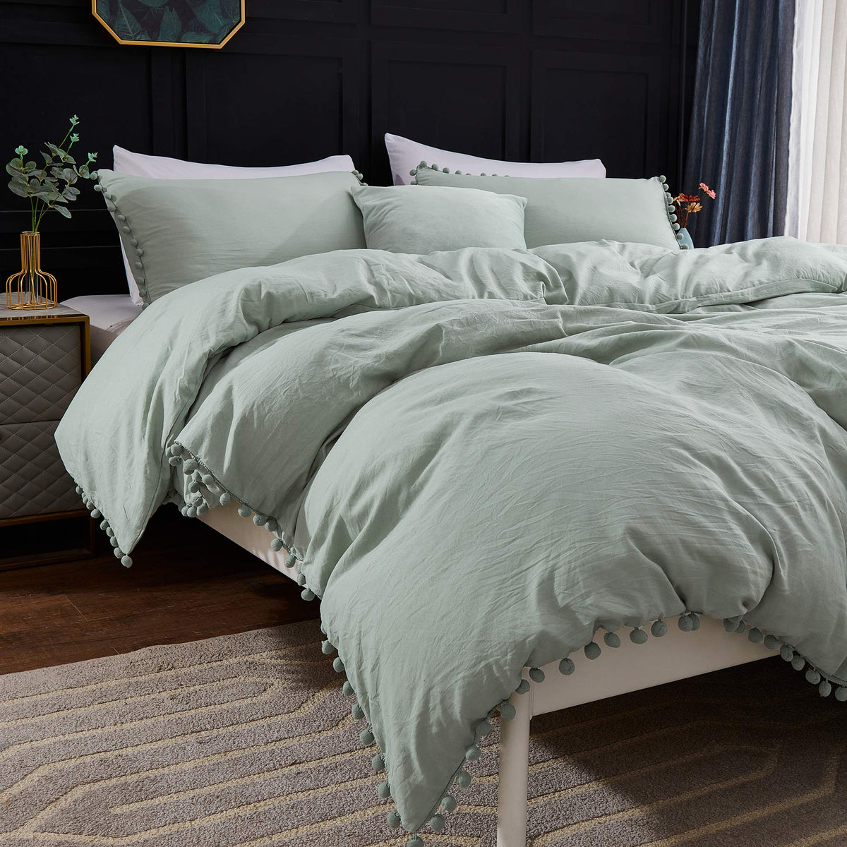 Andency Pom Pom Fringe Duvet Cover Twin Size (66X90 Inch), 2 Pieces (1 Solid Sage Green Duvet Cover, 1 Pillowcase) Soft Washed M