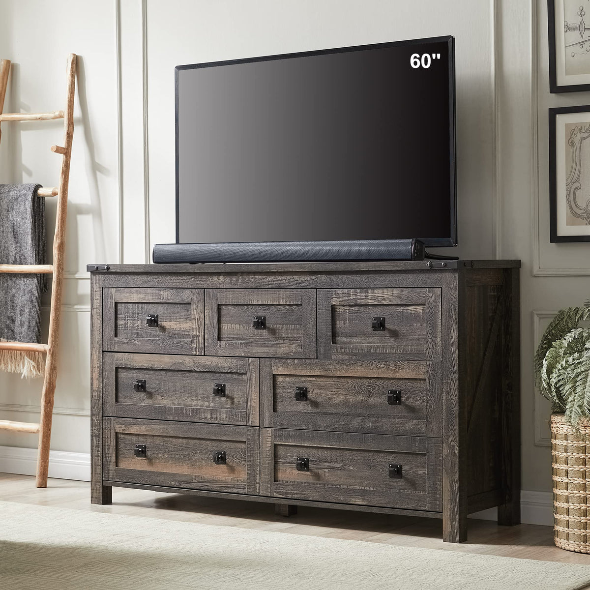 T4Tream Farmhouse 7 Drawers Dresser For Bedroom, Wood Rustic Dresser Tv Stand, Storage Dressers Organizer For Bedroom, Living Room,Hallway, Dark Rustic Oak