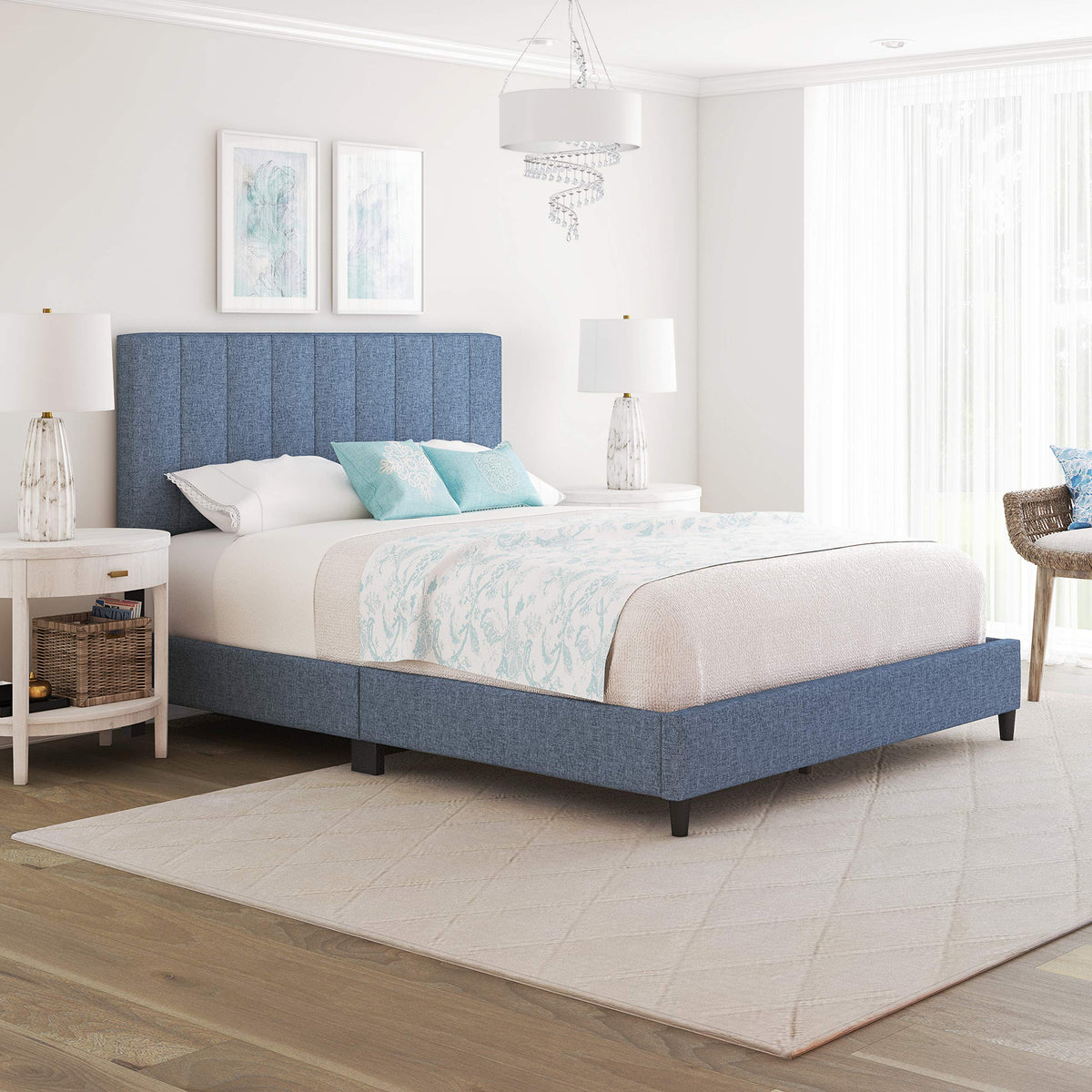 Boyd Sleep Leah Upholstered Vertical Tufted Platform Bed Frame Mattress Foundation With Headboard And Strong Wood Slat Supports: Linen, Blue, Queen (Lhbu970Qn)