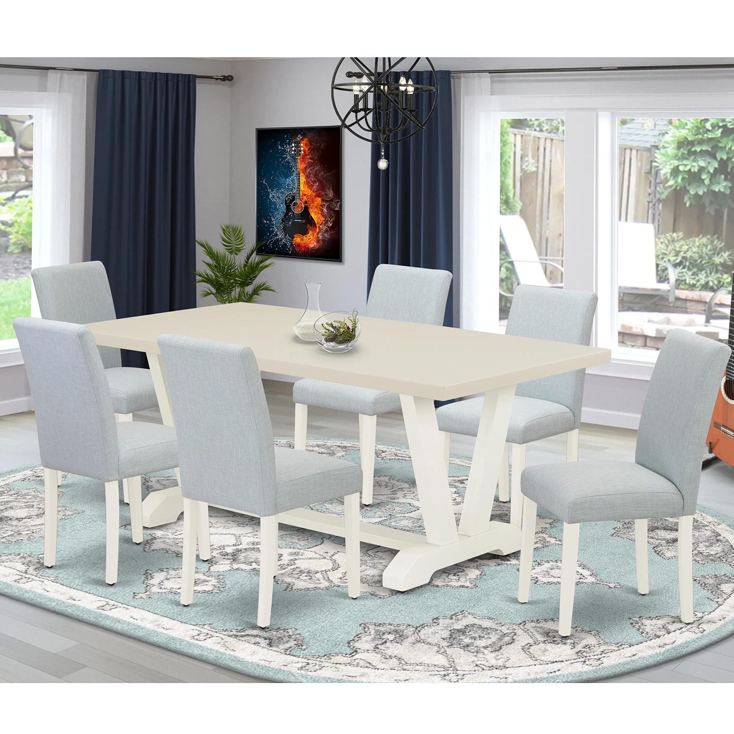 East West Furniture V-Style 7 Piece Set Consist Of A Rectangle Dining Room Table With V-Legs And 6 Baby Blue Linen Fabric Upholstered Chairs, 40X72 Inch, Multi-Color