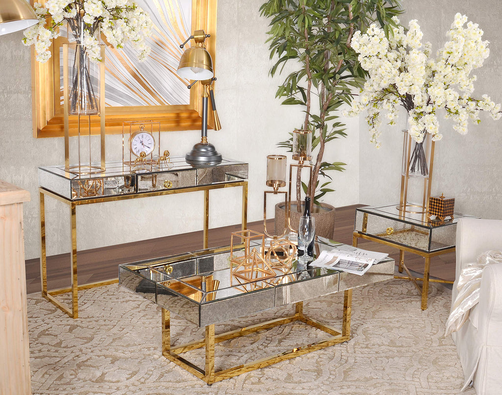 Afd Home Hollywood Glam Antiqued Mirrored Greek Gold Design Console Sofa Accent Table