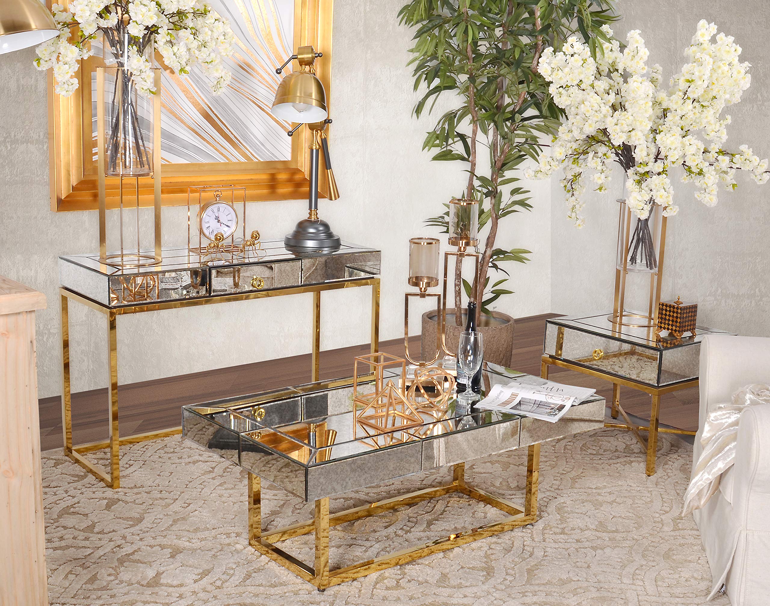 Afd Home Hollywood Glam Antiqued Mirrored Greek Gold Design Console Sofa Accent Table