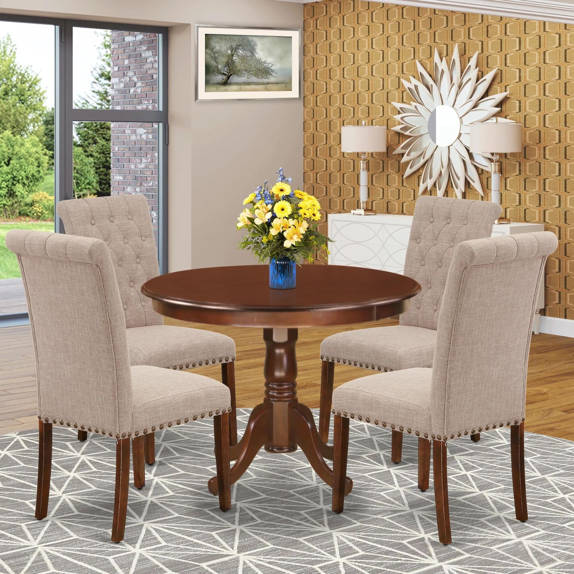 East West Furniture Hlbr5-Mah-04 5 Piece Dining Set Includes A Round Dining Room Table With Pedestal And 4 Light Tan Linen Fabric Upholstered Parson Chairs, 42X42 Inch, Mahogany