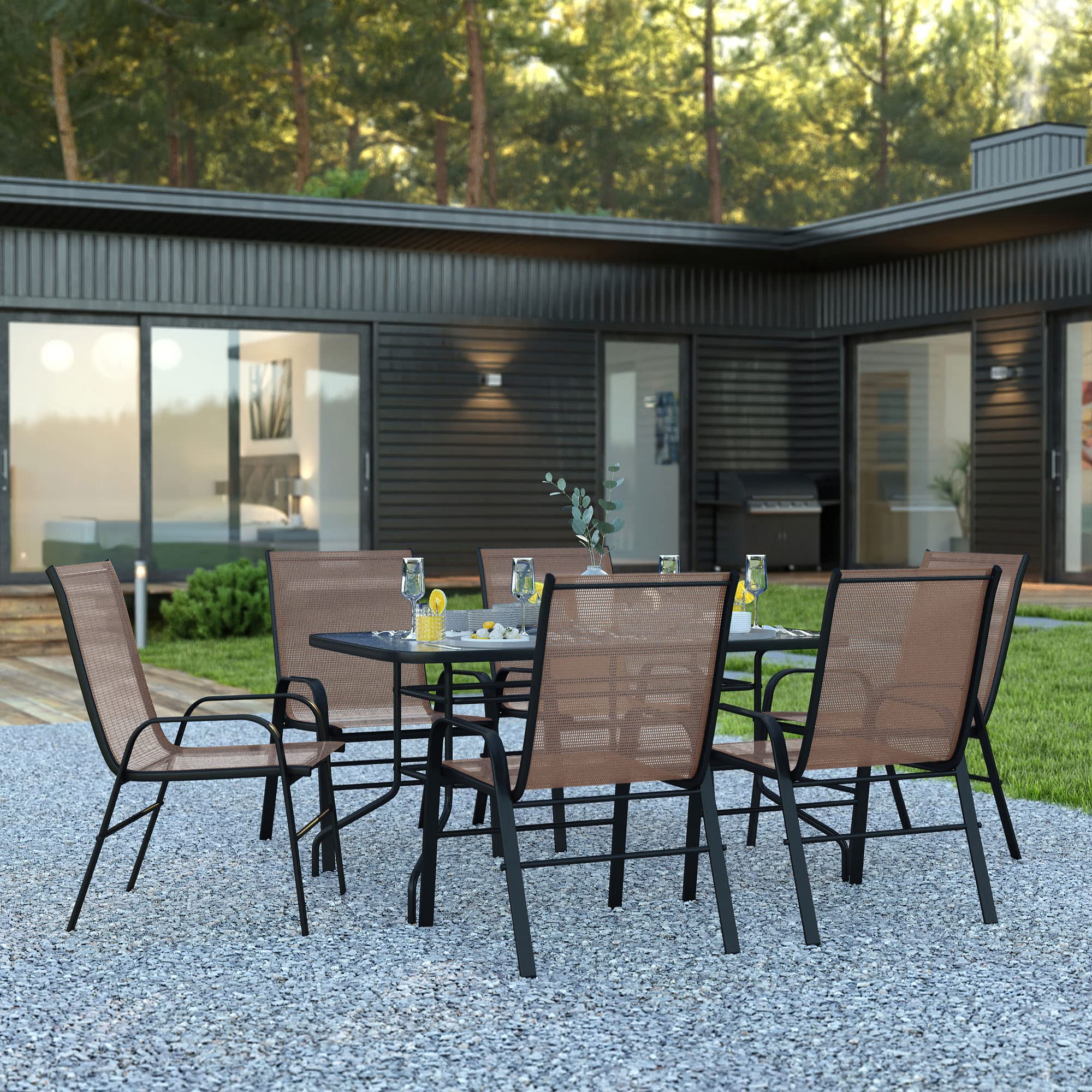 Flash Furniture Brazos Series 7-Piece Glass Patio Table And Chairs Set, Outdoor Patio Dining Set With Rectangular Table, 6 Sling Patio Chairs, Brown