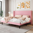 Sha Cerlin King Size Velvet Bed Frame With Vertical Channel Tufted Wingback Headboard, Upholstered Platform Bed With Wood Slats, No Box Spring Needed, Easy Assembly, Pink