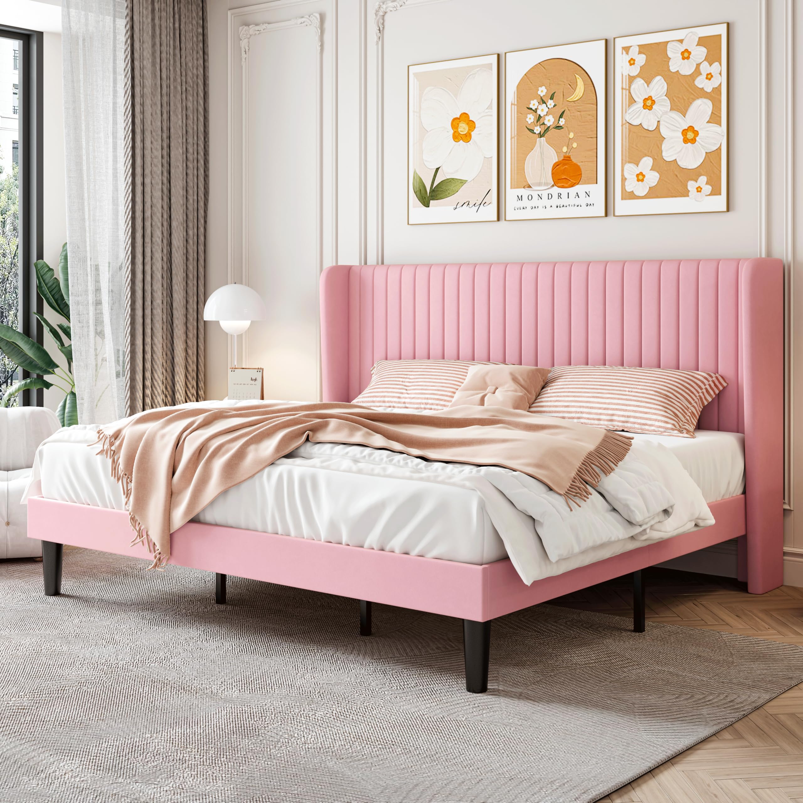 Sha Cerlin King Size Velvet Bed Frame With Vertical Channel Tufted Wingback Headboard, Upholstered Platform Bed With Wood Slats, No Box Spring Needed, Easy Assembly, Pink
