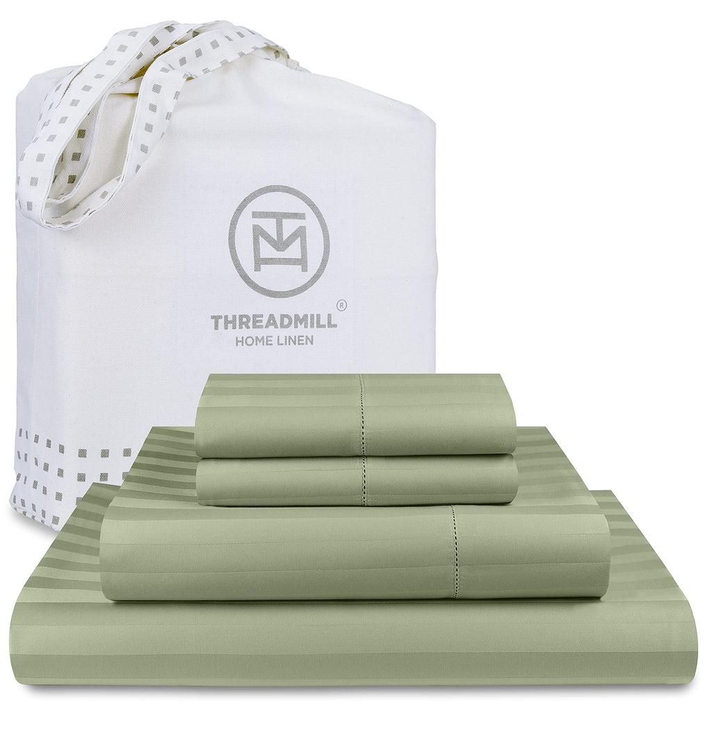 Threadmill 500 Thread Count Full-Size Damask Stripe, 4 Pc Luxury Cotton Bedding Set, Breathable Sage Green Sheets with 16'' Elas
