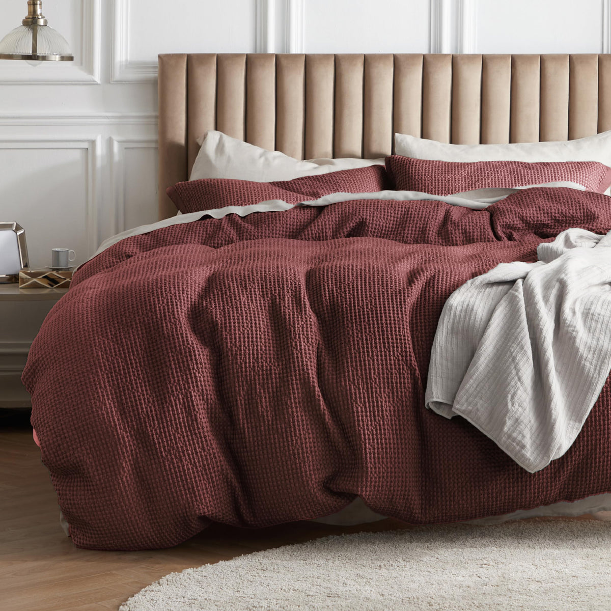 Bedsure Cotton Duvet Cover Queen - 100% Cotton Waffle Weave Madder Brown Duvet Cover Queen Size, Soft And Breathable Queen Duvet