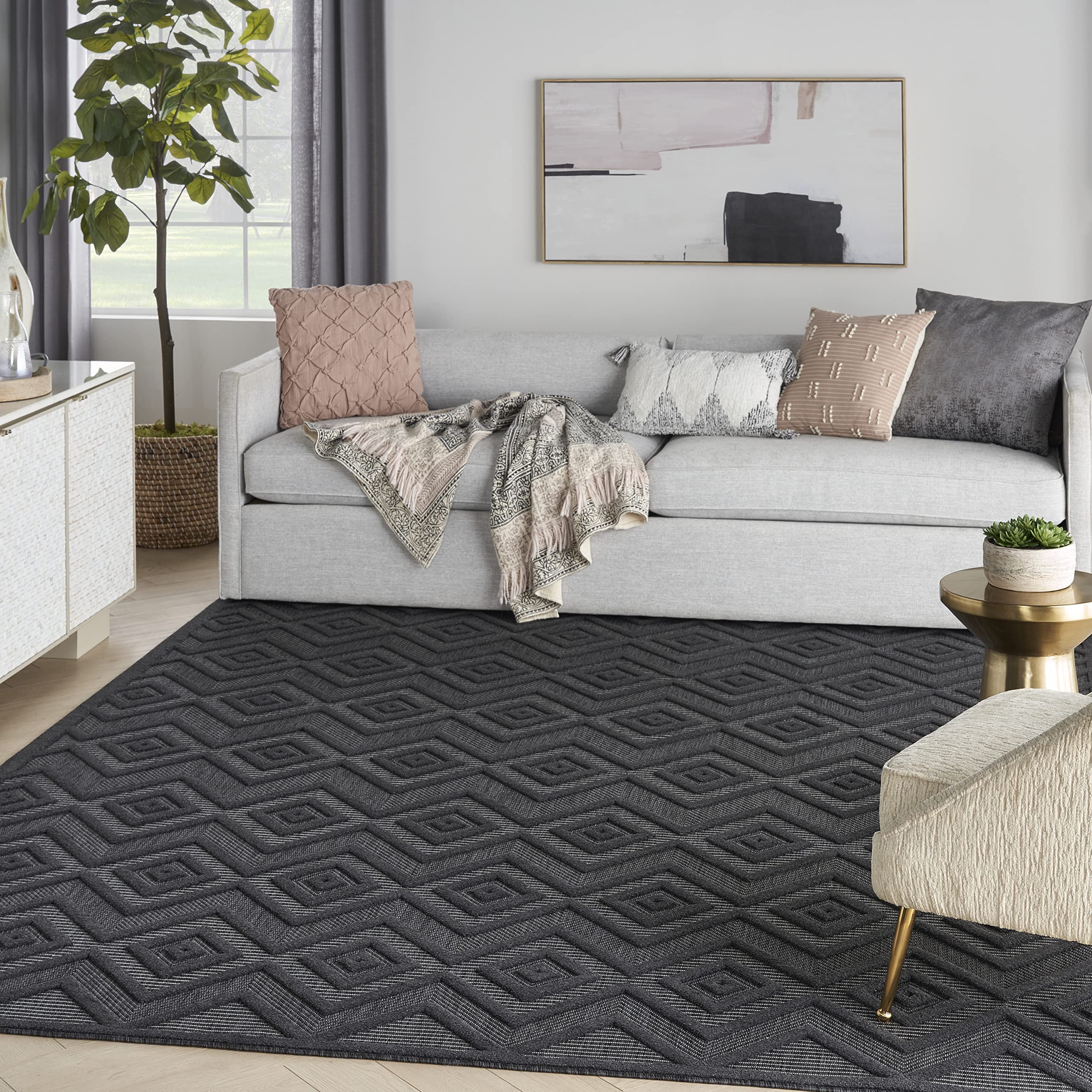 Nourison Versatile Indoor/Outdoor Charcoal/Black 8' X 10' Area Rug, Easy Cleaning, Non Shedding, Bed Room, Living Room, Dining Room, Deck, Backyard, Patio, High Traffic Area (8X10)