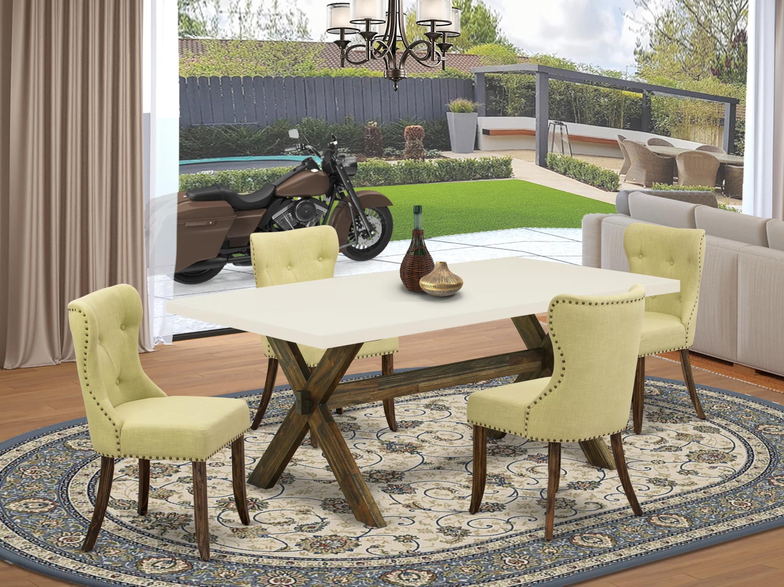 East West Furniture X727Si737-5 5 Piece Modern Dining Table Set Includes A Rectangle Wooden Table With X-Legs And 4 Limelight Linen Fabric Parson Dining Chairs, 40X72 Inch, Multi-Color