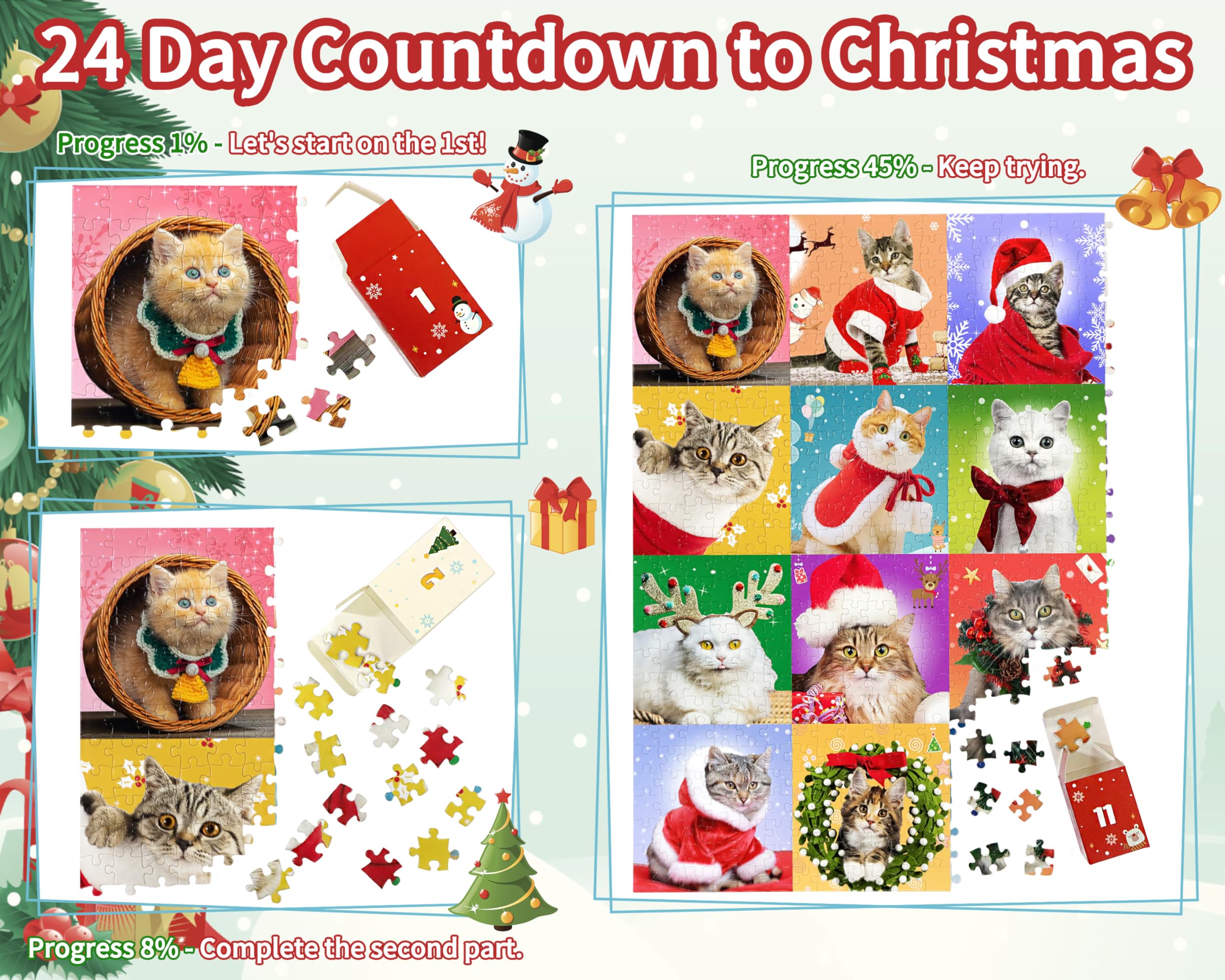 Bestbase Advent Calendar 2024 Christmas Countdown Jigsaw Puzzles - Christmas Cats, 24 Boxes With 1008 Pieces Countdown To Christ