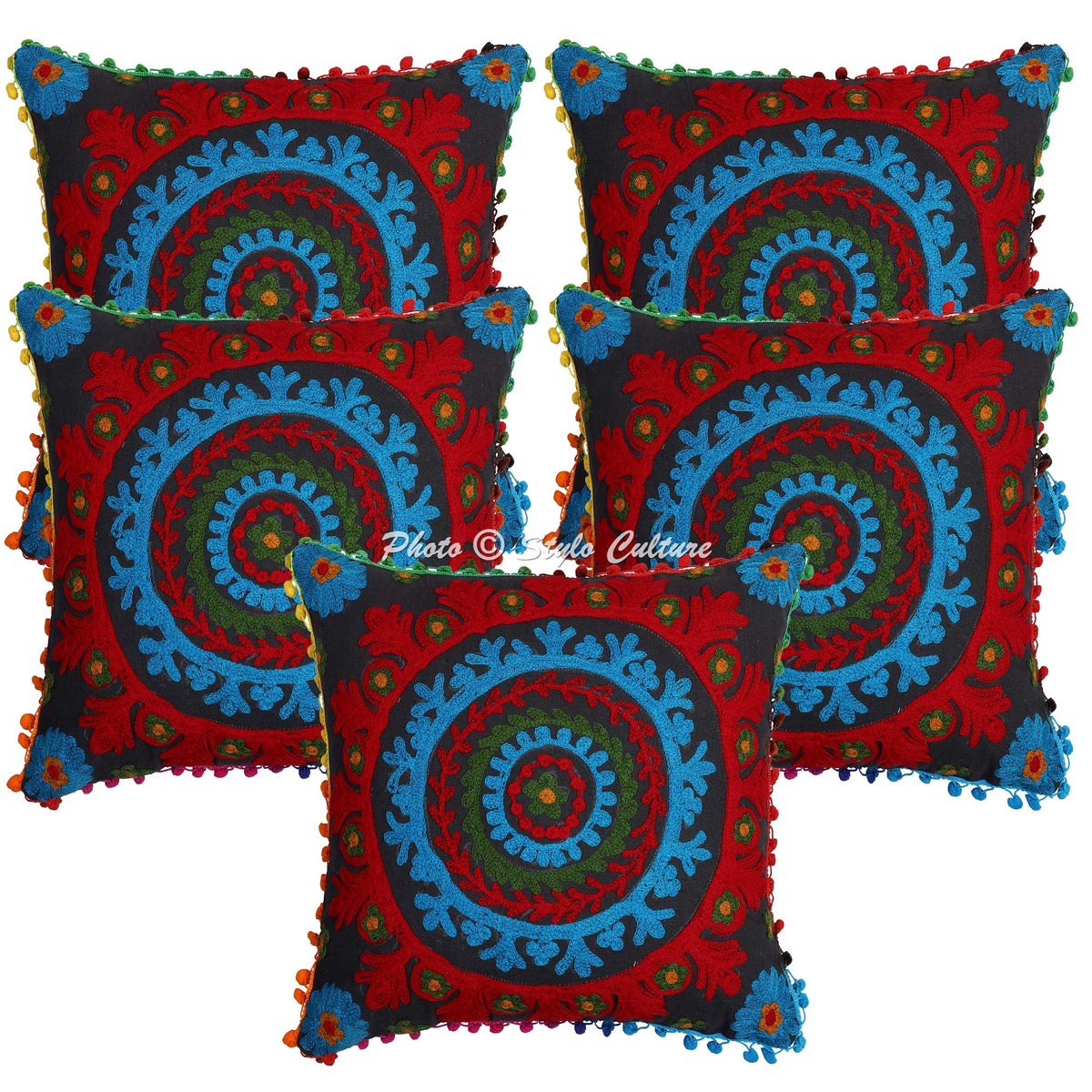 Stylo Culture Decorative Cotton Cushion Covers 16X16 Inch Suzani Embroidered Pom Pom Lace Black & Red Living Room Decor Floral E