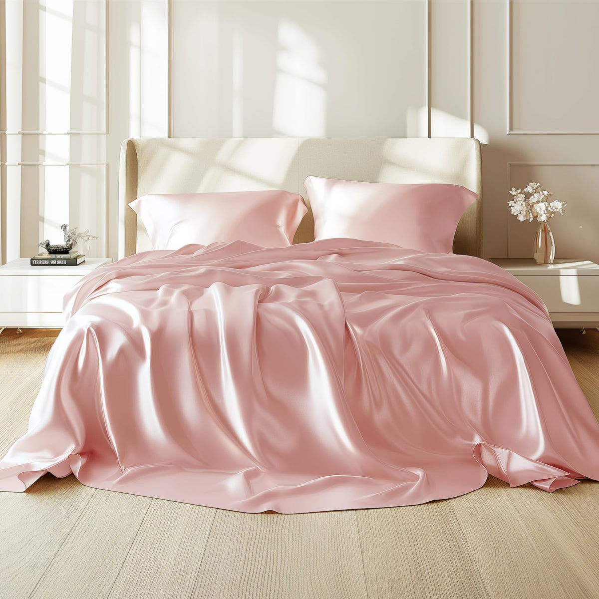 Bedsure Satin Sheets King - Similar To Silk Sheets, Silky Bedsheet, Luxury & Ultra Soft, Non-Fading & Wrinkle Free, Good For Hair & Skin, Gifts For Women, 4 Pieces, Pink