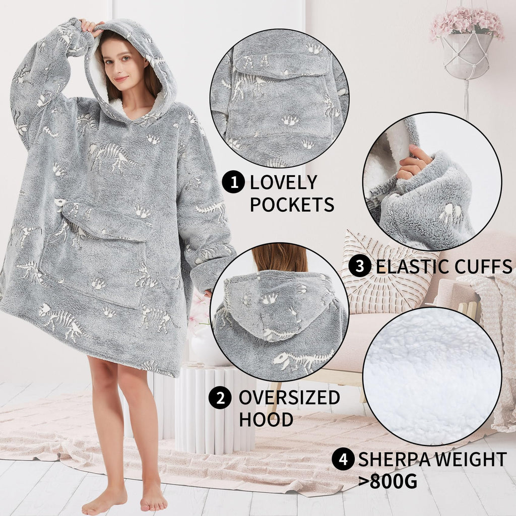 Fiosnow Glow In The Dark Dinosaur Fossil Blanket Hoodies For Women And Men Adult Oversize Wearable Blanket Hoodies For Soft And