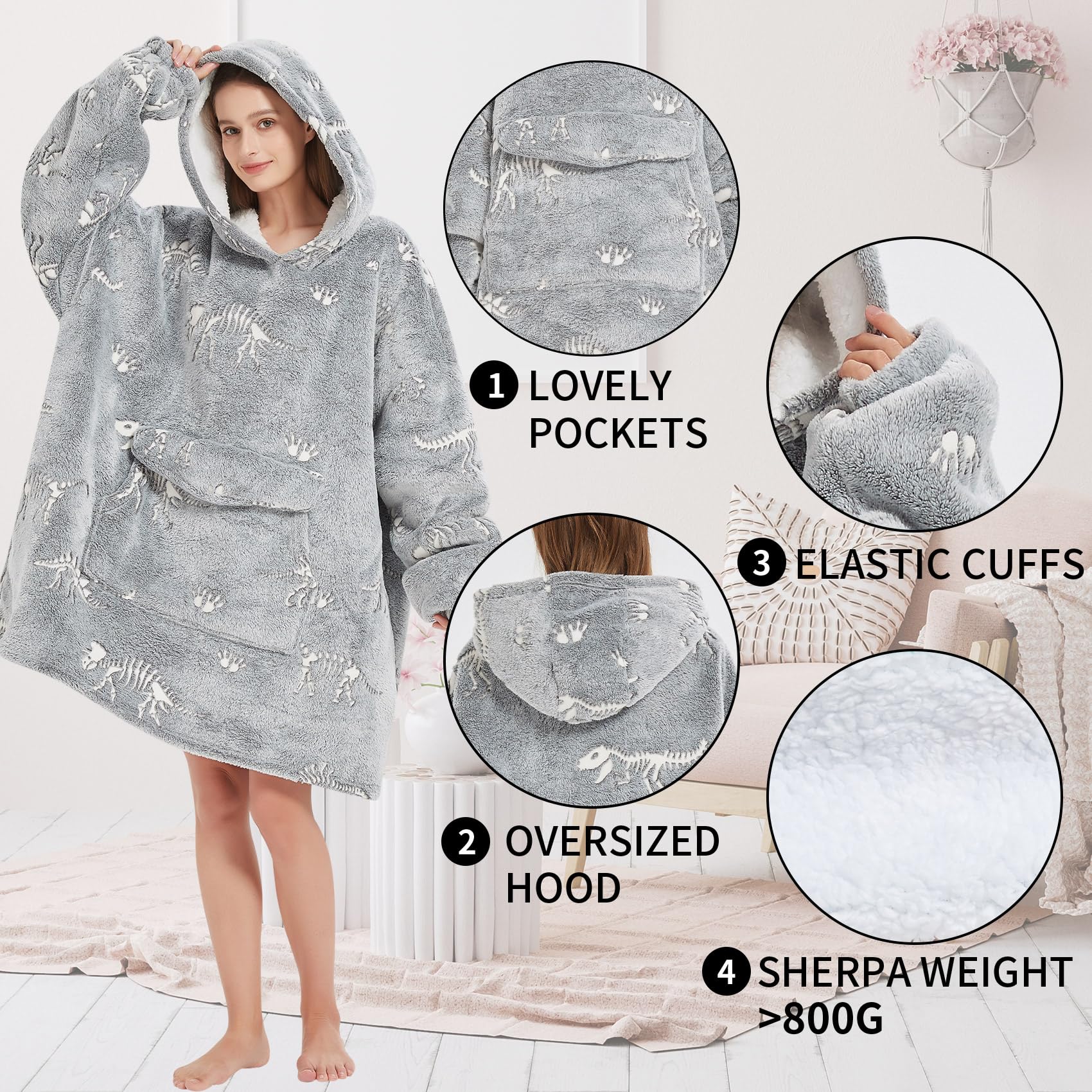 Fiosnow Glow In The Dark Dinosaur Fossil Blanket Hoodies For Women And Men Adult Oversize Wearable Blanket Hoodies For Soft And
