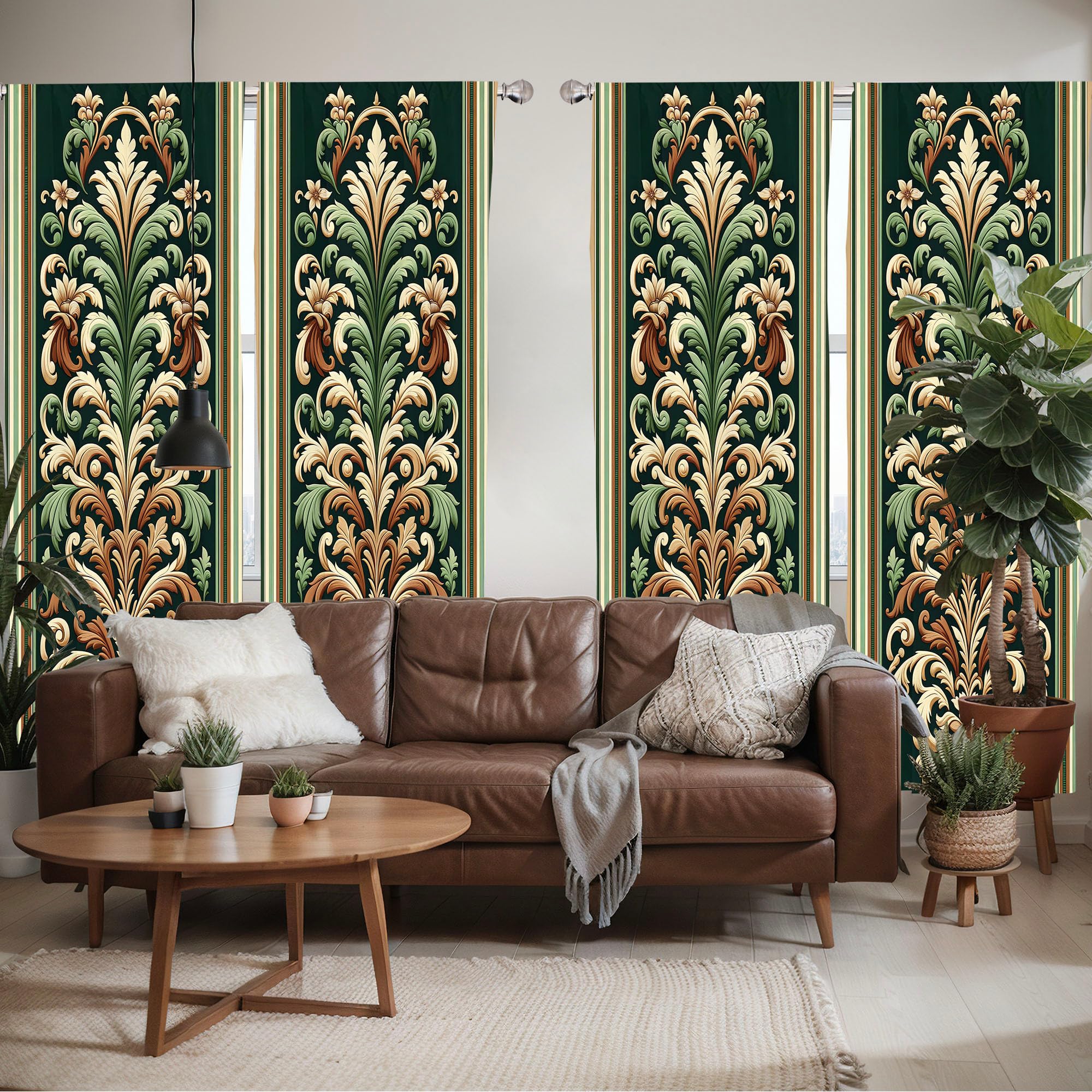 Ambesonne Leafy Art Window Curtains Pack Of 2, Modern Illustration Of Baroque Leaves With Pastel Tones Victorian, Lightweight Se