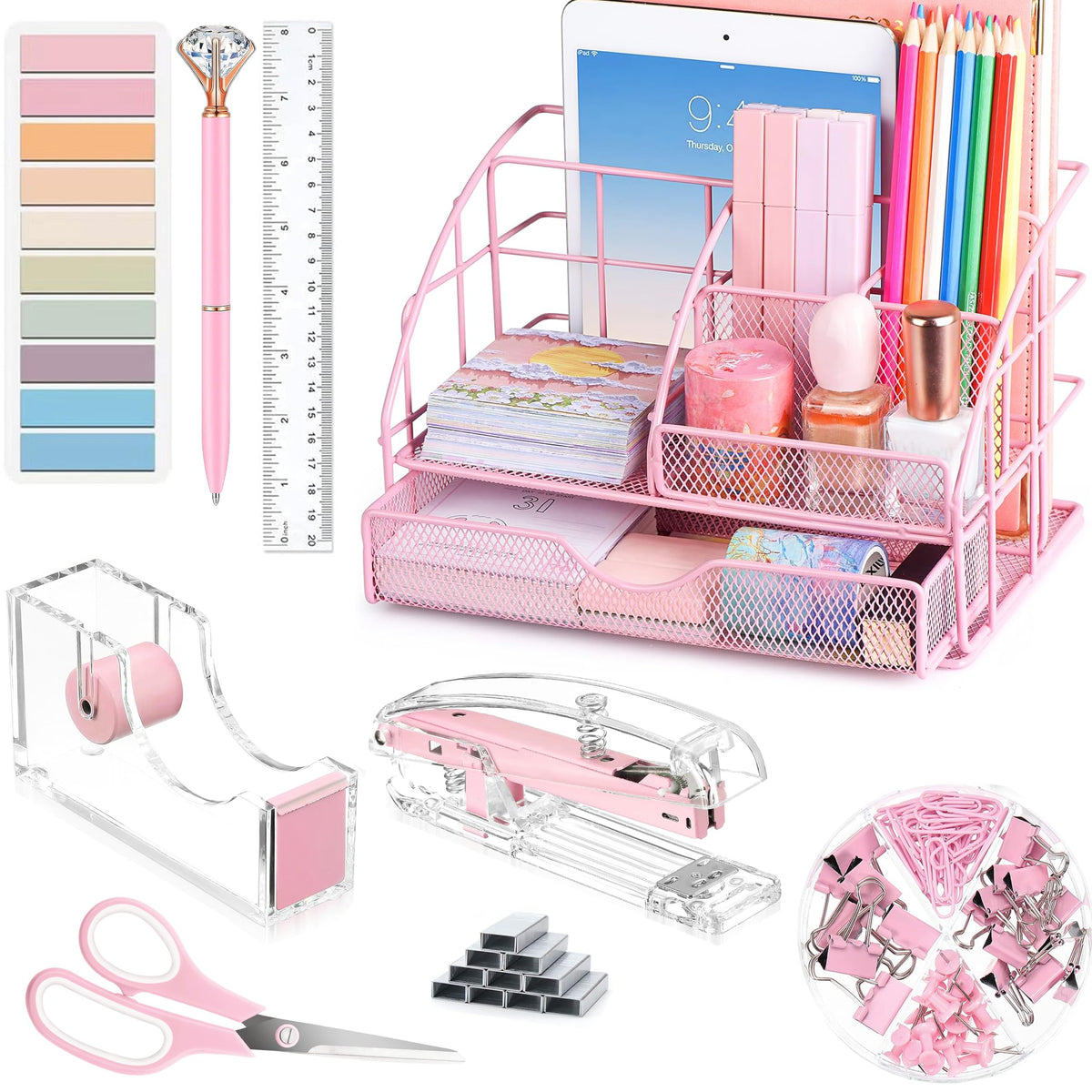 Pink Desk Organizers And Accessories, Pink Office Supplies With Mesh Desk Organizer, Acrylic Tape Dispenser And Stapler, Staples
