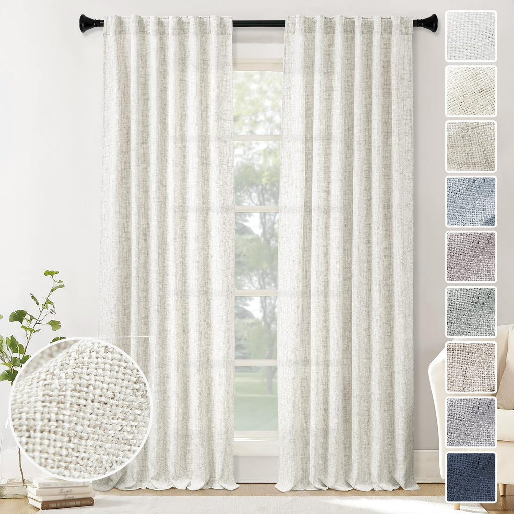 MEETBILY Natural Linen Curtains 108 Inches Long for Living Room 2 Panel Set Back Tab Pocket Light Filtering Privacy Semi Sheer F