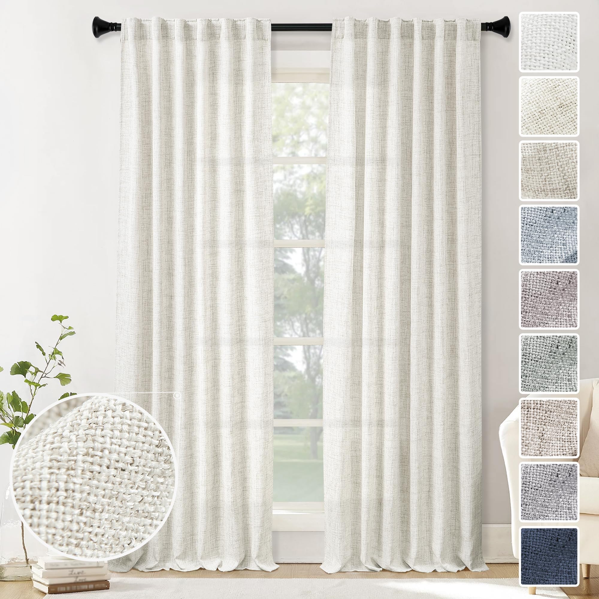 MEETBILY Natural Linen Curtains 108 Inches Long for Living Room 2 Panel Set Back Tab Pocket Light Filtering Privacy Semi Sheer F